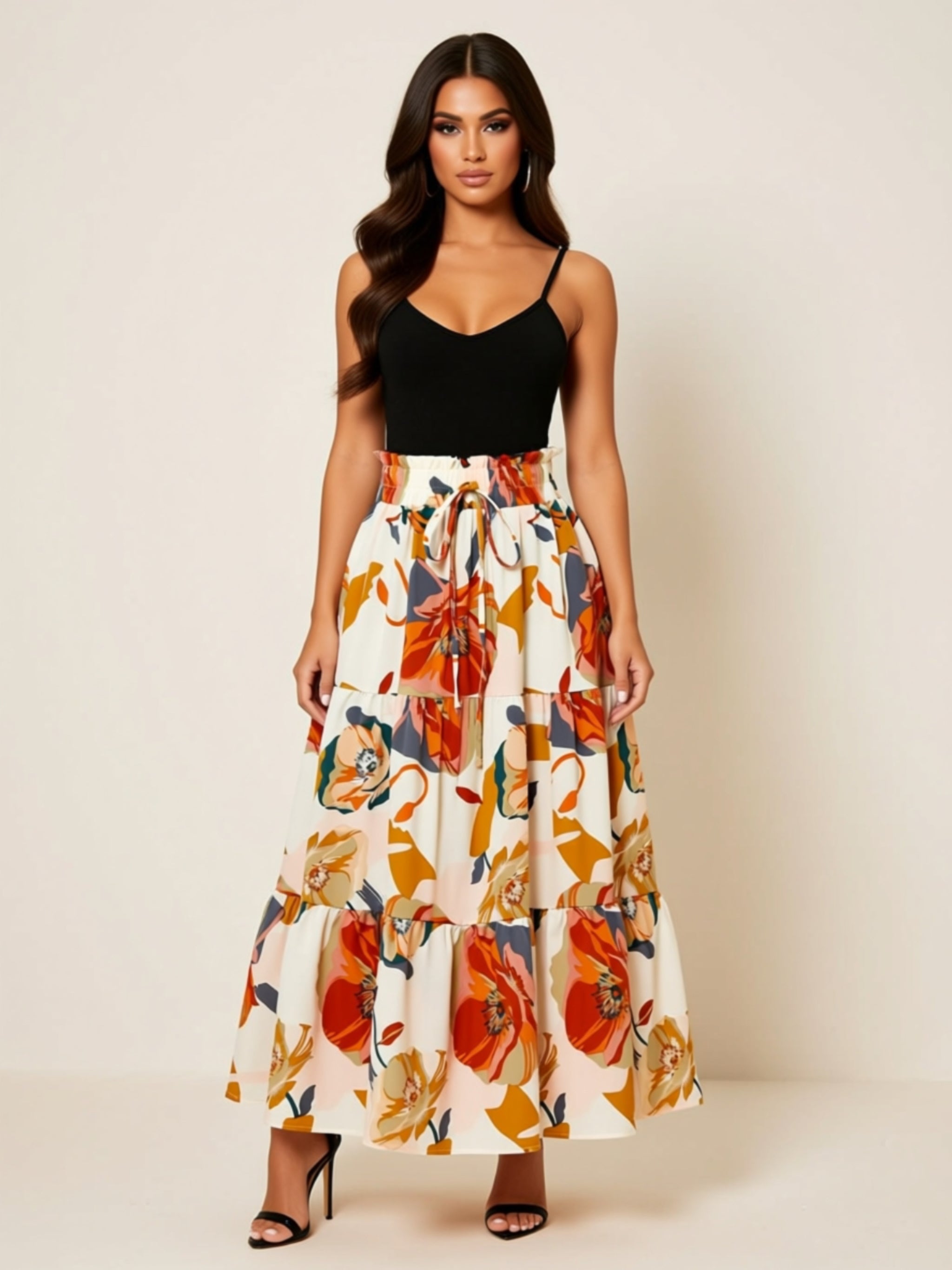 Floral Print Tiered Maxi Skirt with Tie Waist & Ruched Details