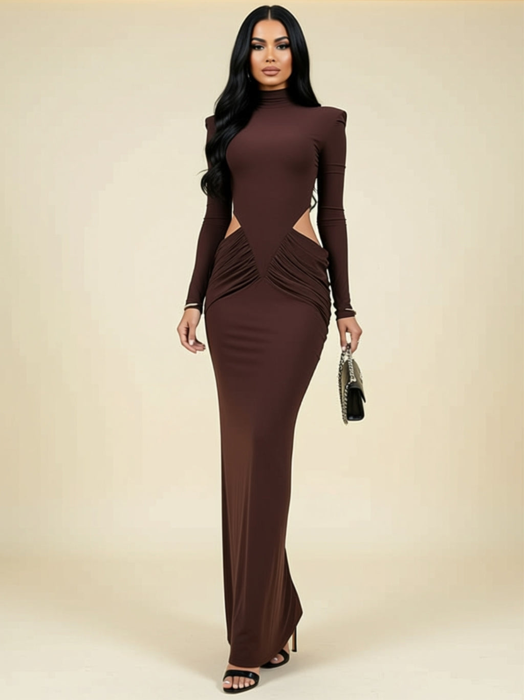 Cutout Long Sleeve Pleated Maxi Dress