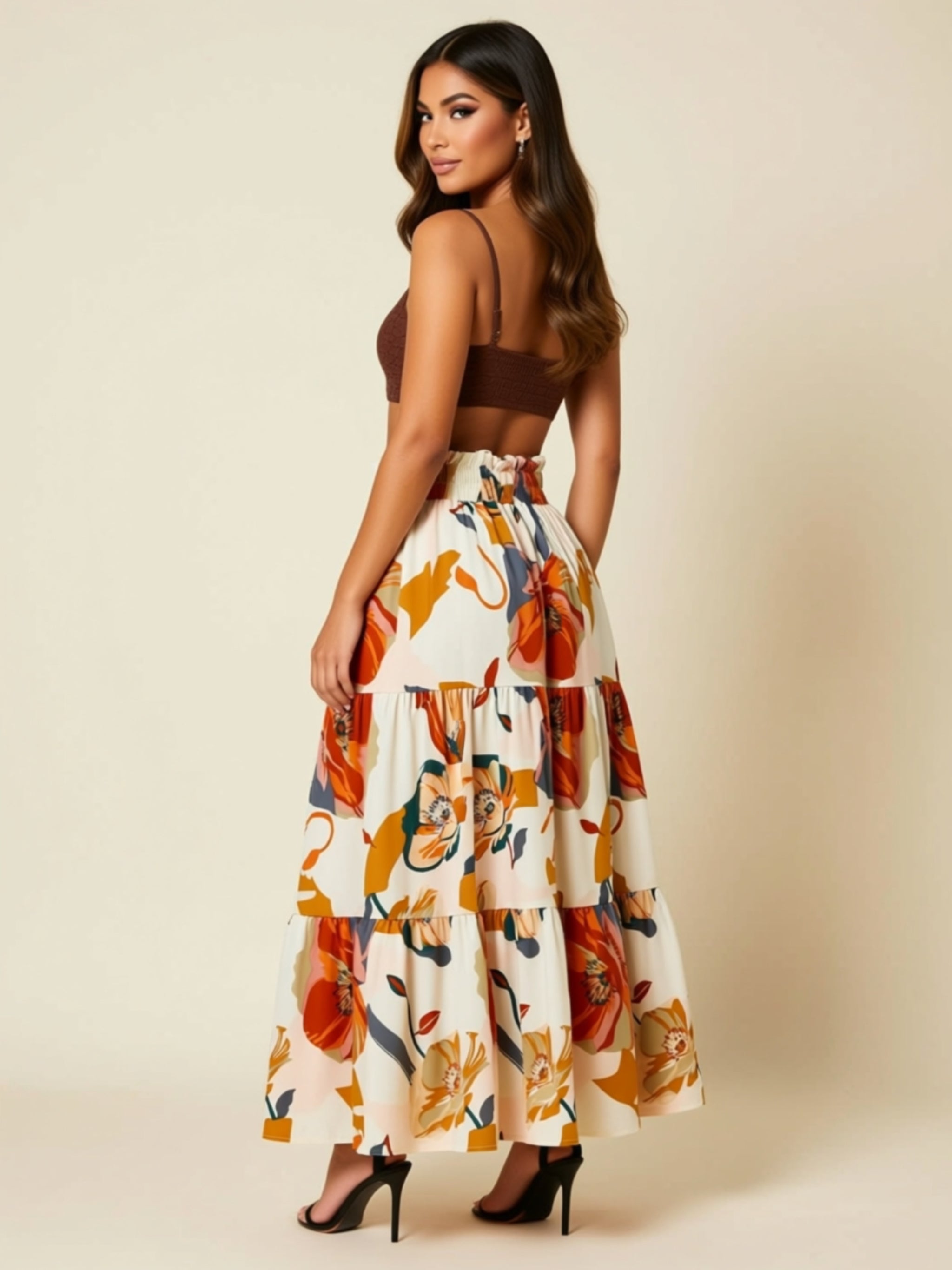 Floral Print Tiered Maxi Skirt with Tie Waist & Ruched Details