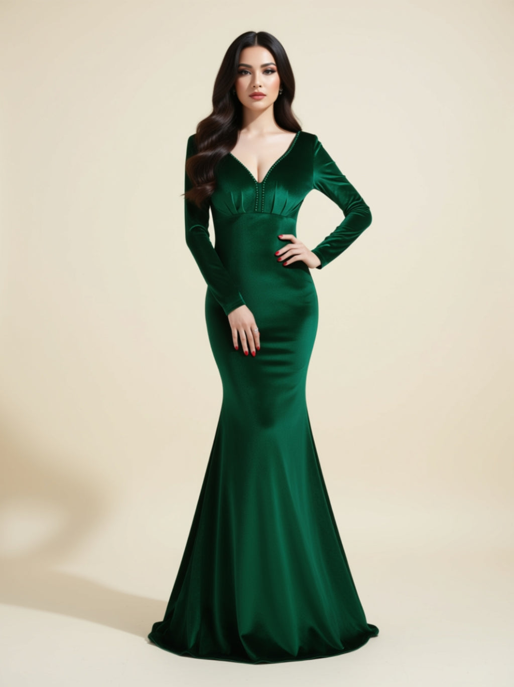 Long Sleeve Velvet V‑Neck Mermaid Gown