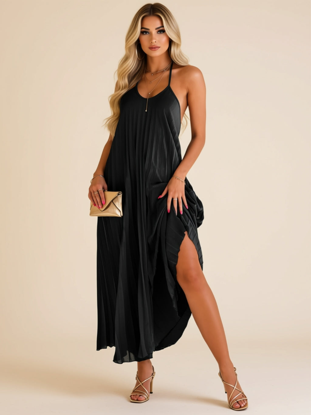 Flowy Pleated Halter Maxi Dress with Slit