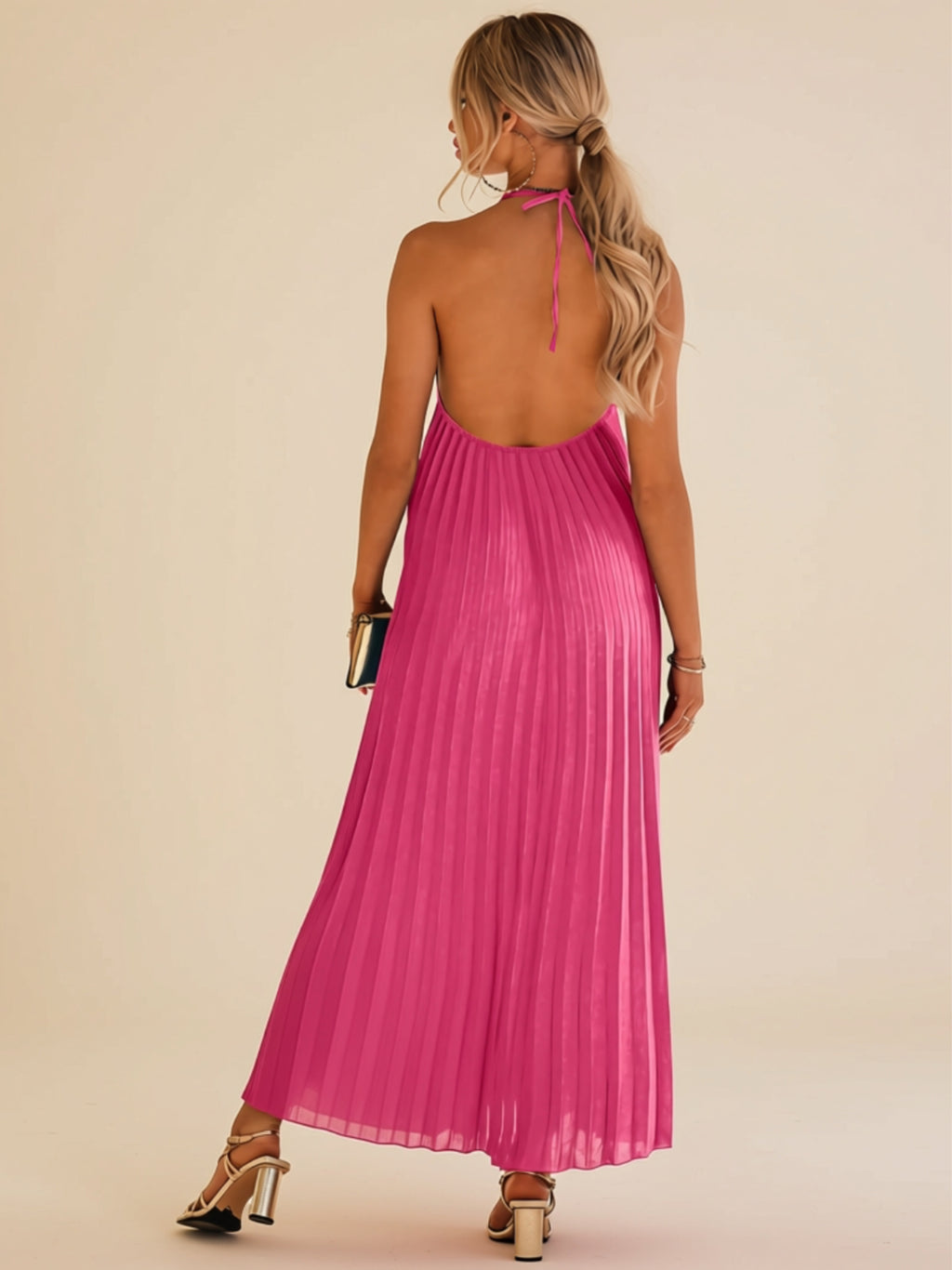 Flowy Pleated Halter Maxi Dress with Slit