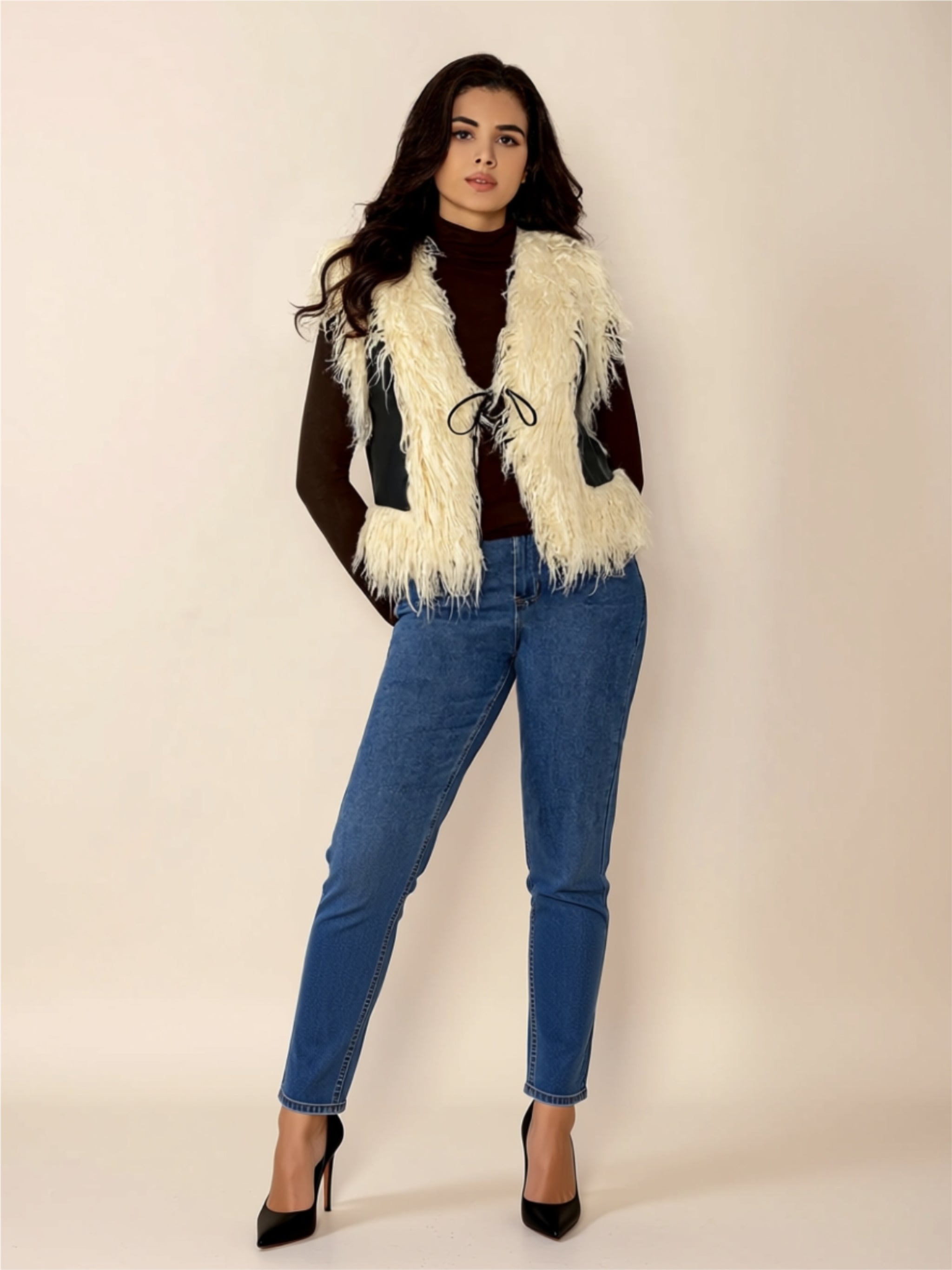 Faux Fur Fringe Vest with Tie Front