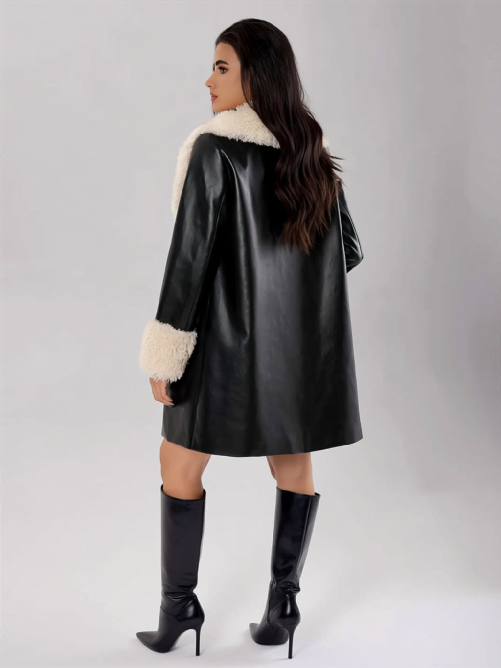 Faux Leather Button Front Coat with Faux Shearling Collar & Cuffs