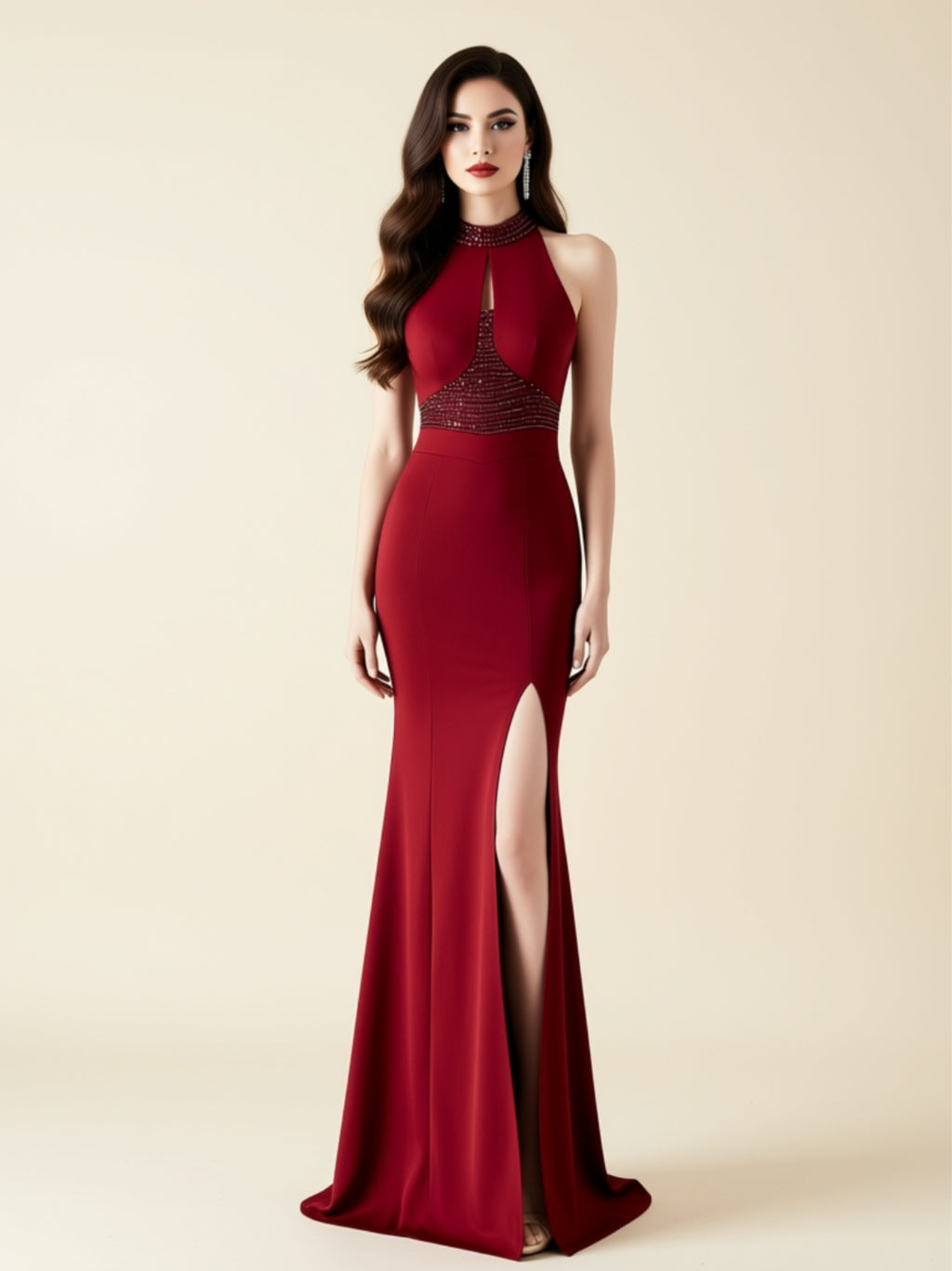 Halter Neck Lace Panel Mermaid Gown