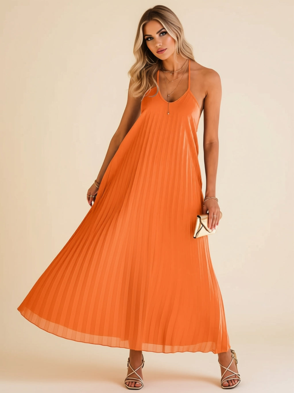 Flowy Pleated Halter Maxi Dress with Slit