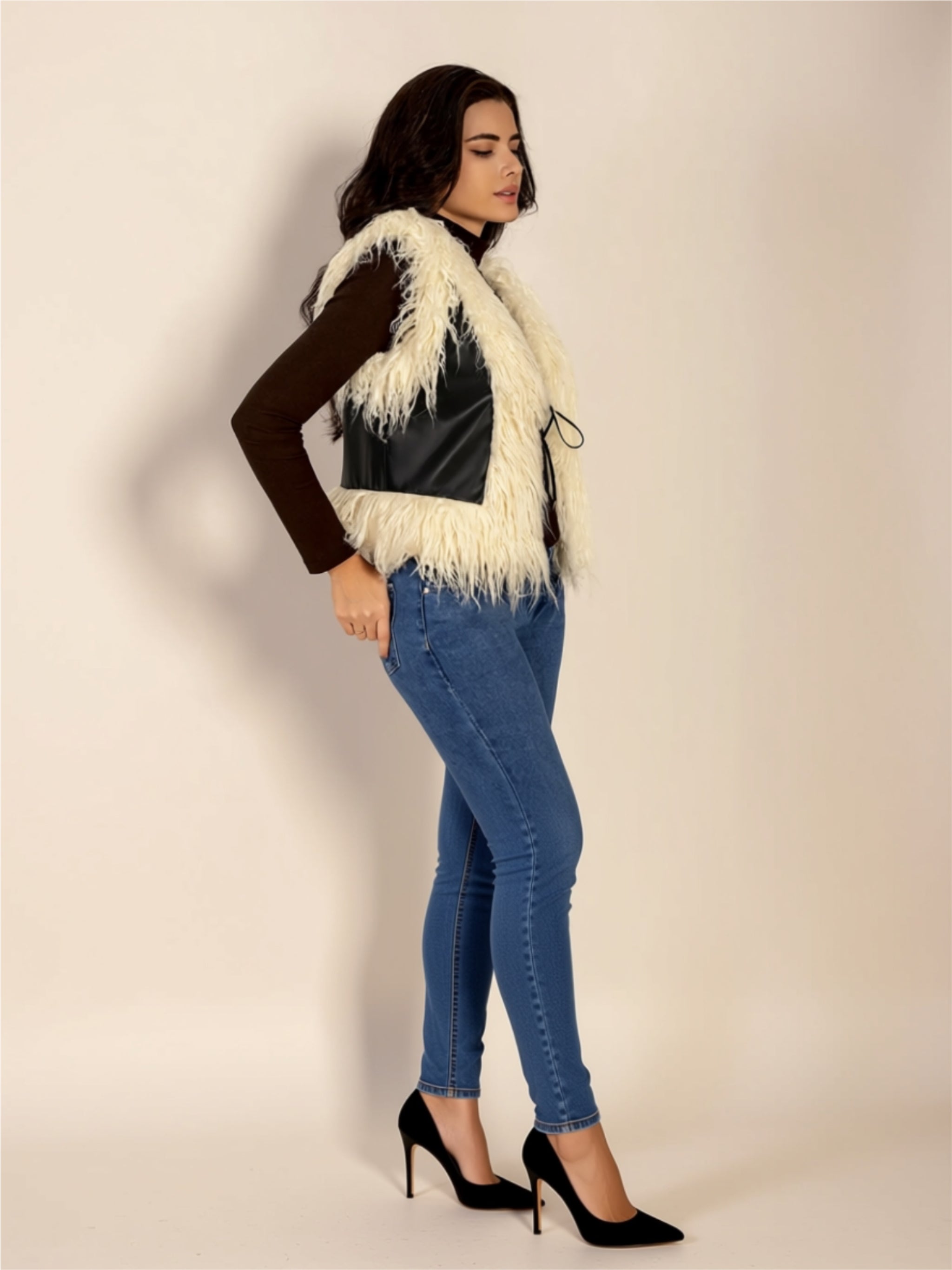 Faux Fur Fringe Vest with Tie Front