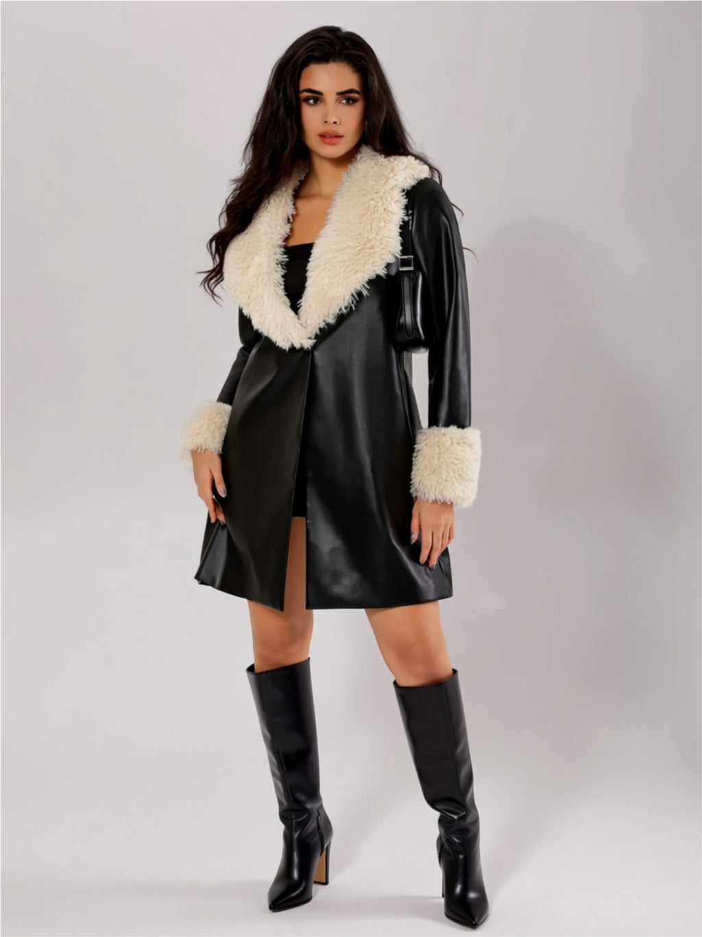 Faux Leather Button Front Coat with Faux Shearling Collar & Cuffs