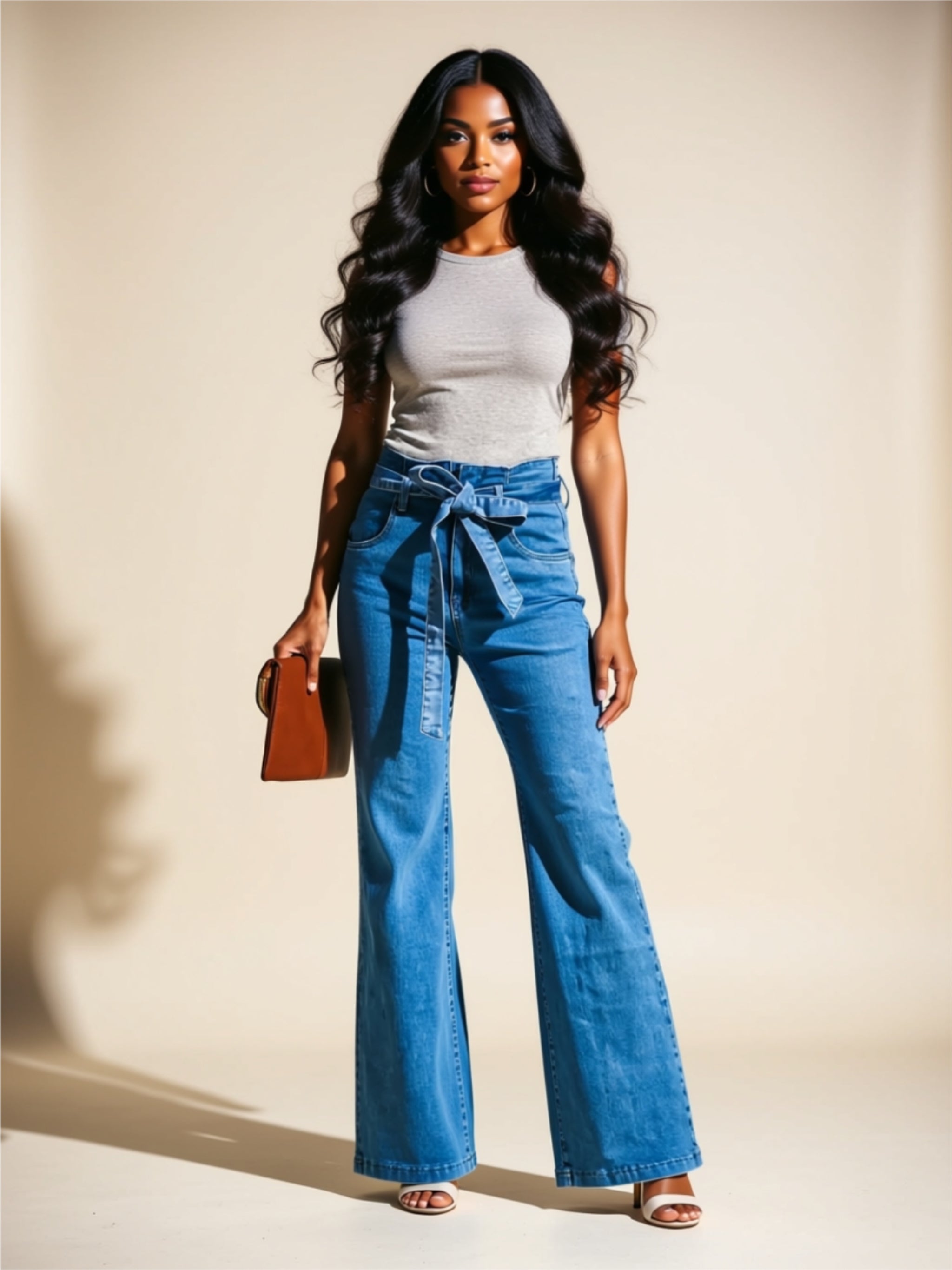 High‑Waisted Wide Leg Jeans with Bow Tie Belt