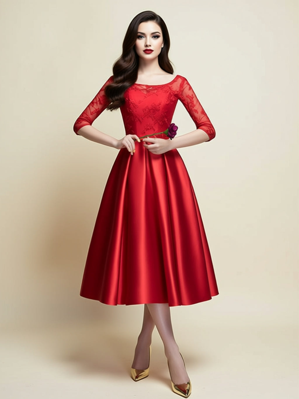 Elegant Lace Top A‑Line Midi Dress