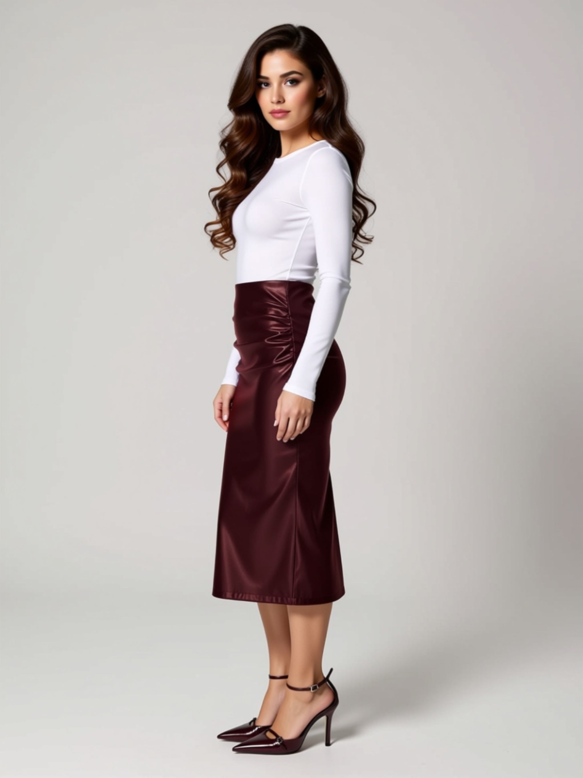 High‑Waist Faux Leather Midi Pencil Skirt with Side Ruching & Back Slit