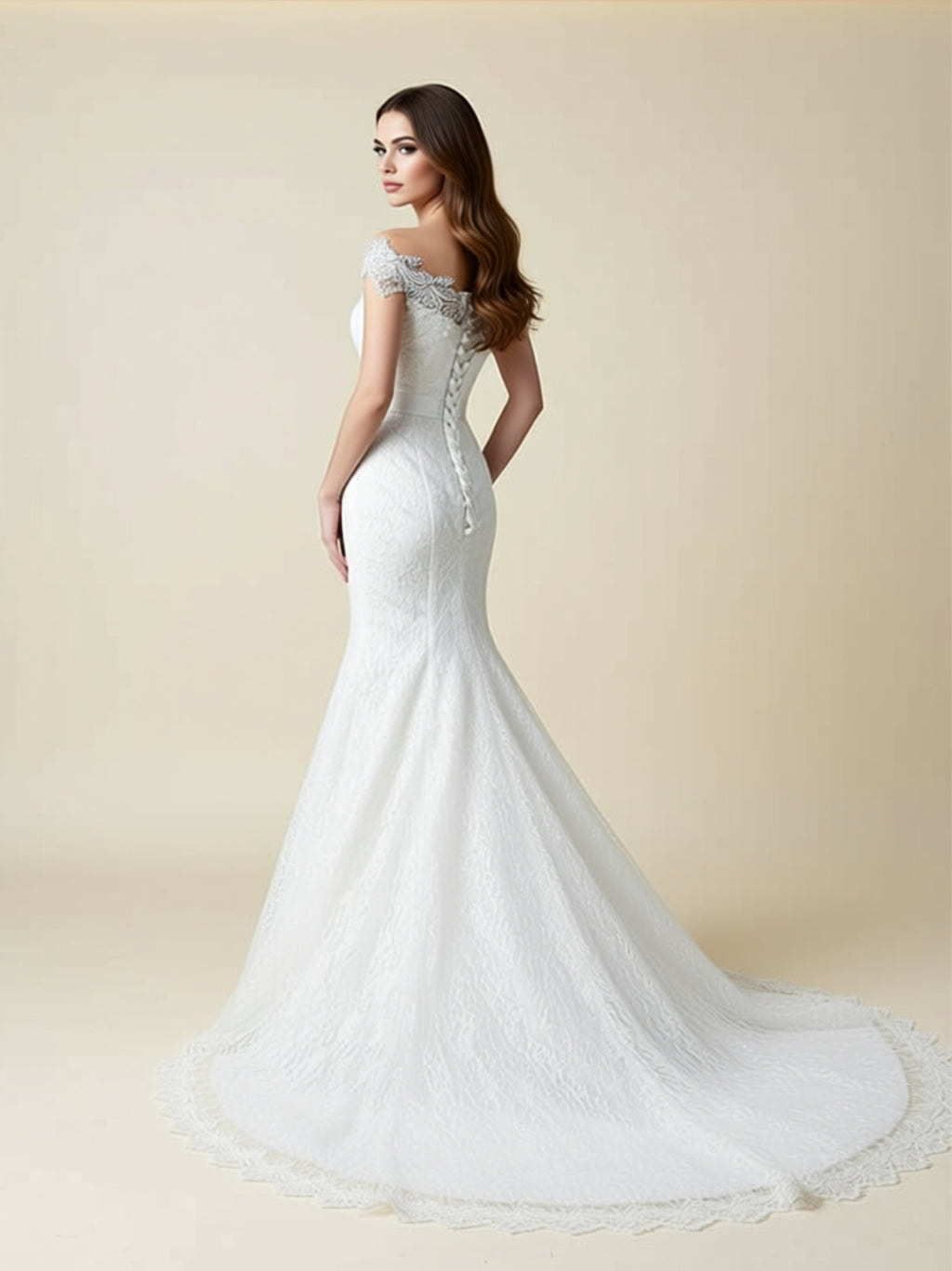 Off‑Shoulder Lace Mermaid Wedding Dress with Scalloped Train & Waist Ribbon