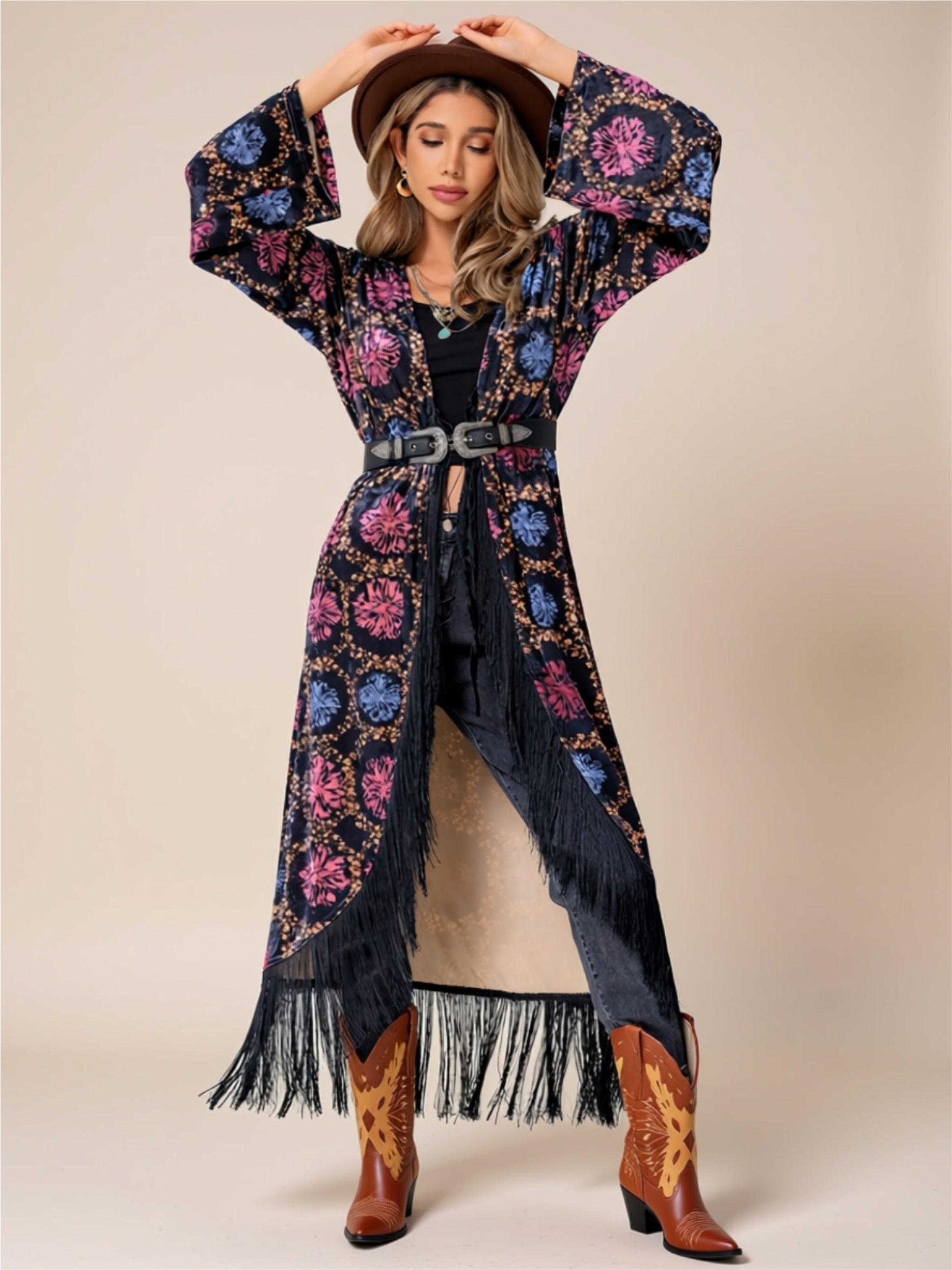 Boho Fringe Long Kimono Cardigan