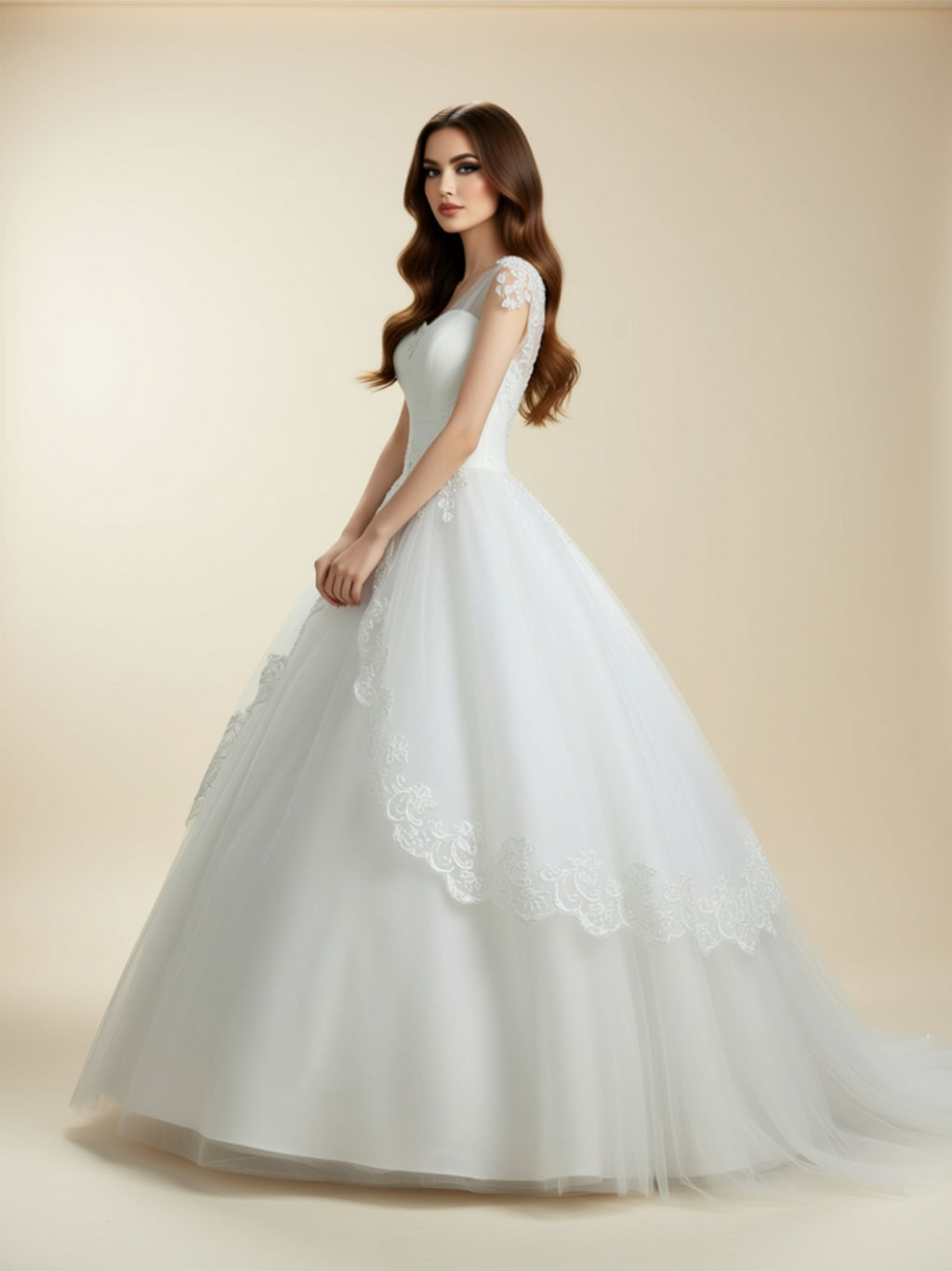Elegant White Ball Gown Wedding Dress with Lace Appliqué & Tulle Skirt