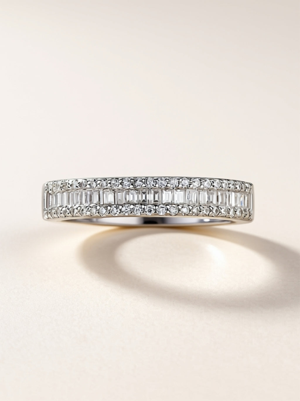 Elegant Baguette Moissanite Band Ring in Platinum‑Plated S925 Silver