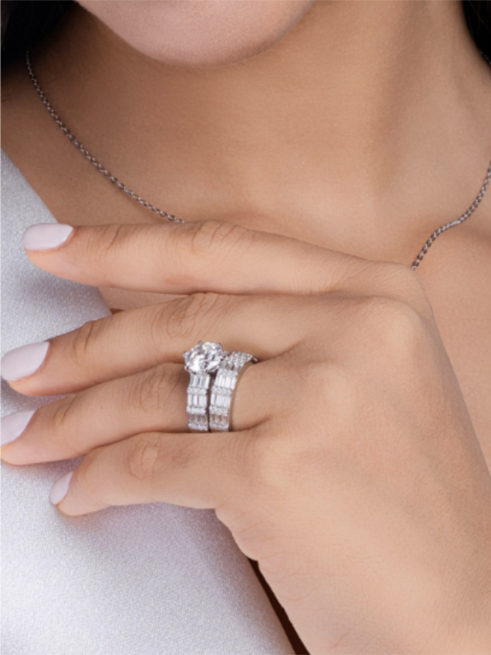 3CT Round Moissanite Bridal Ring Set - Baguette Eternity Wedding Band & Solitaire Engagement Ring