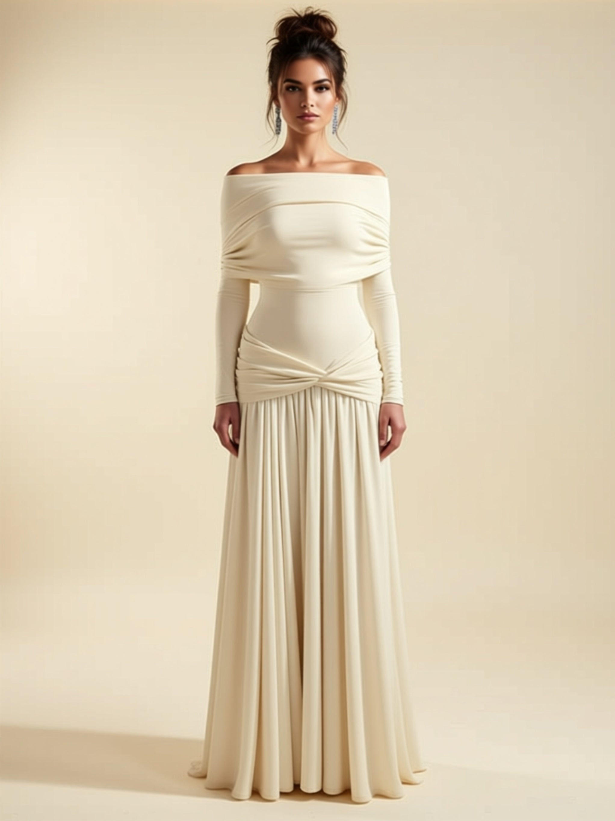 Elegant Off‑Shoulder Draped Maxi Gown