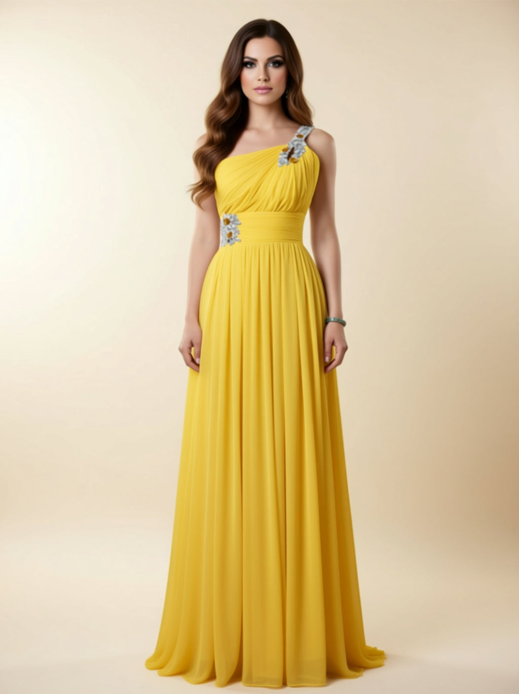 One‑Shoulder Embellished Chiffon Evening Gown