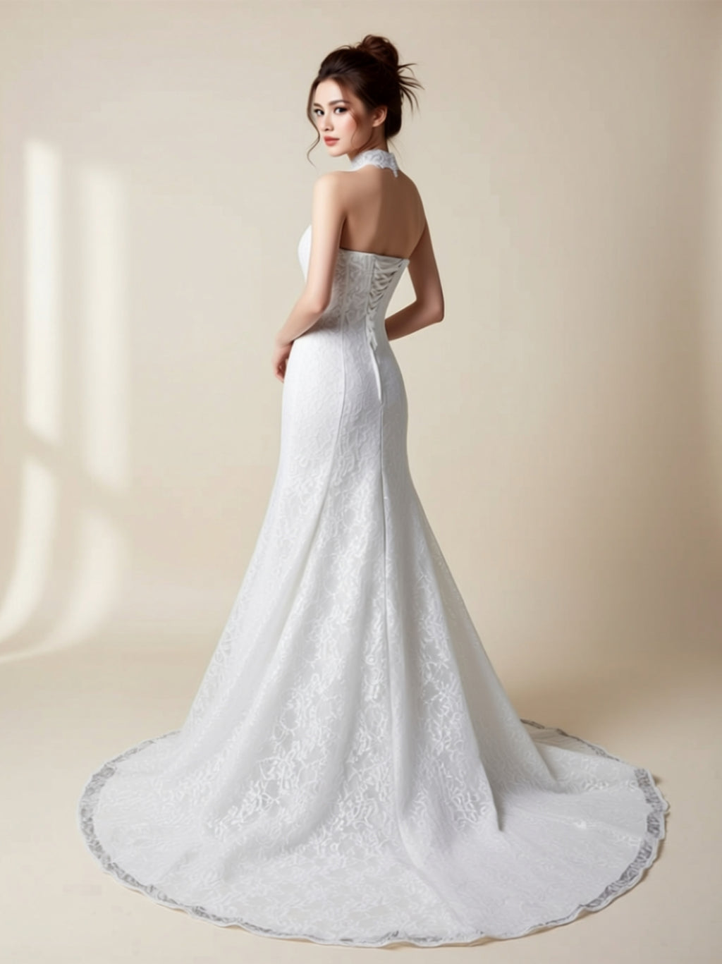 Elegant High‑Neck Lace Mermaid Evening Gown with Embellished Illusion Neckline