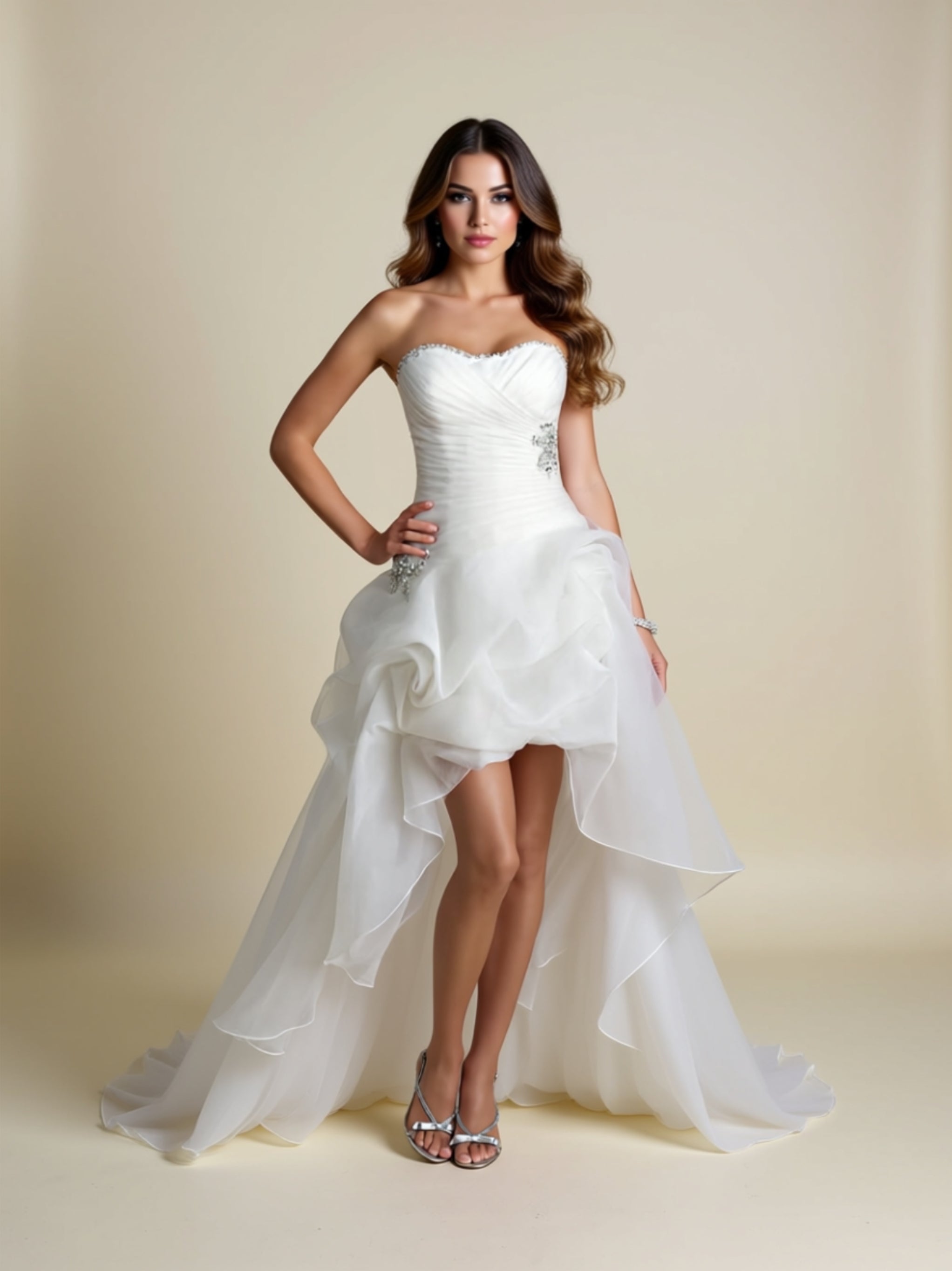 Elegant Ruffled Organza‑Style Train Bridal Gown with Fitted Bodice