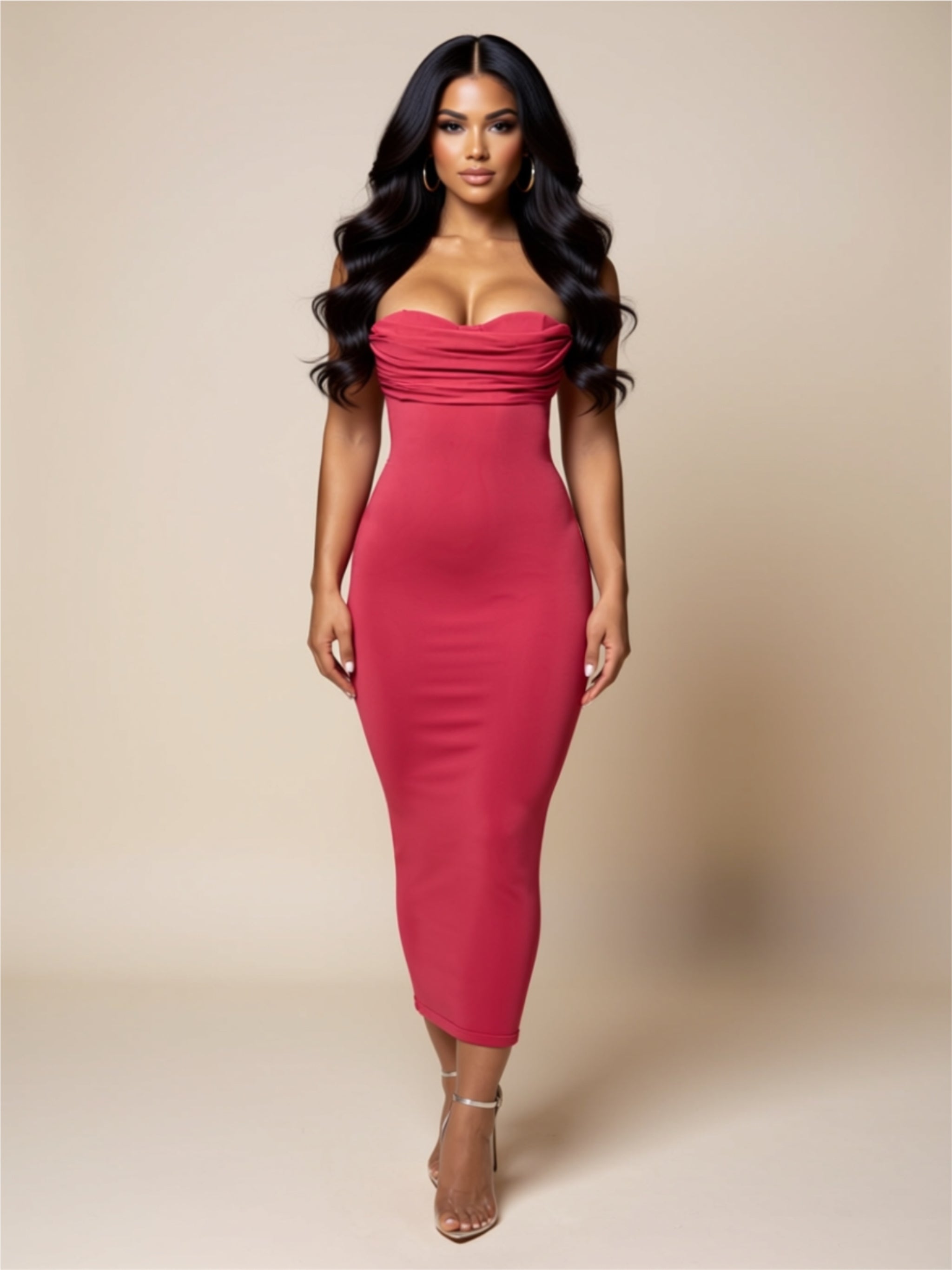 Dark Pink High Waist Ruched Bust Midi Dress