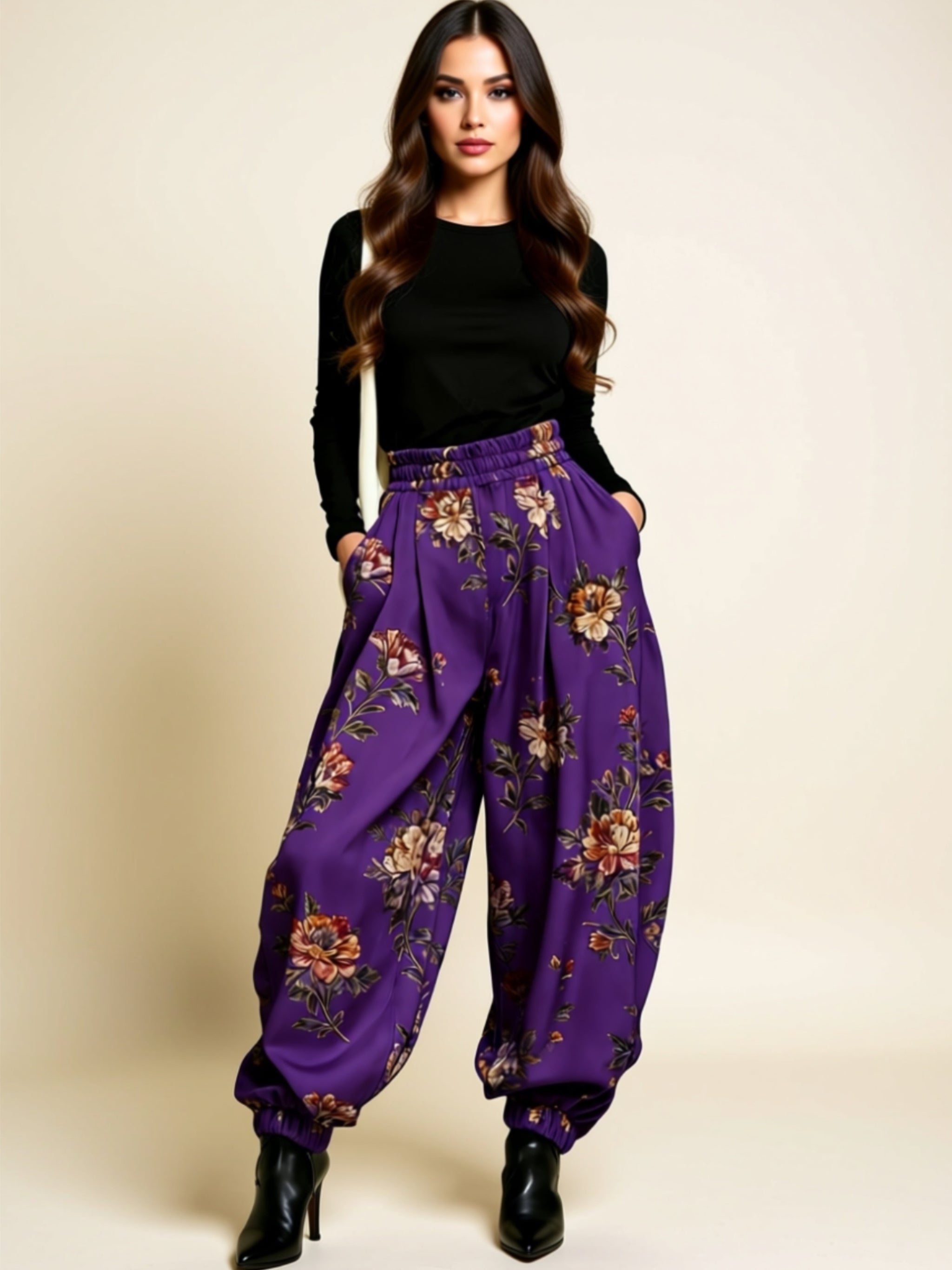 Floral High-Waisted Wide-Leg Lantern Pants with Cuffed Hem