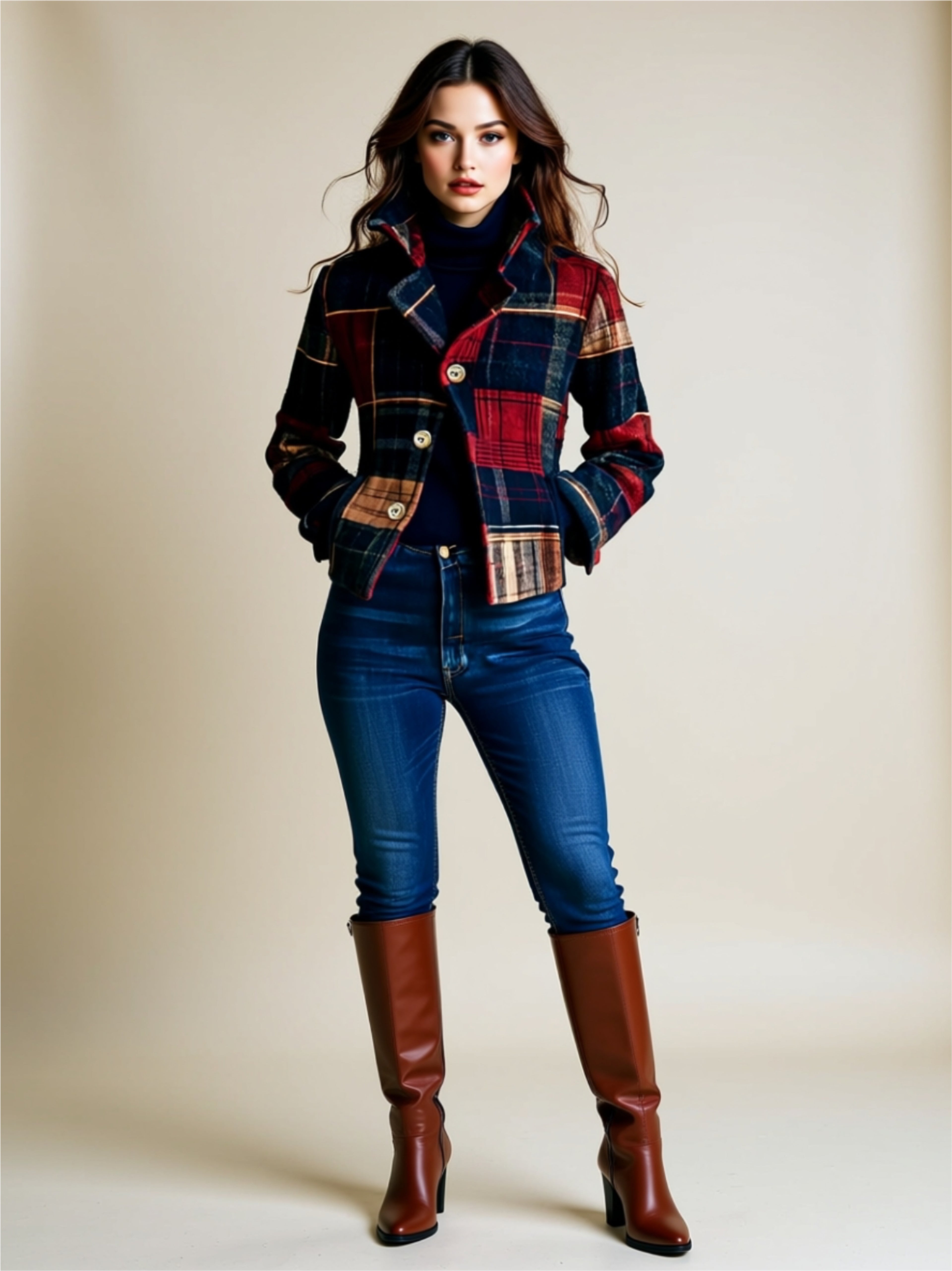 Plaid Buttoned Crop Blazer