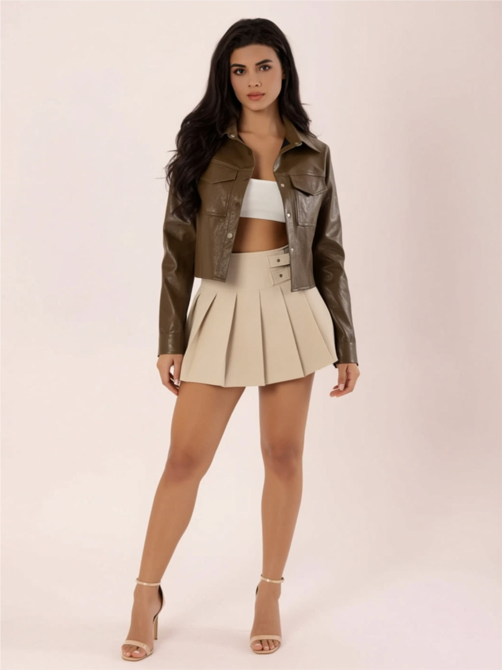 Cropped Faux Leather Button‑Front Jacket