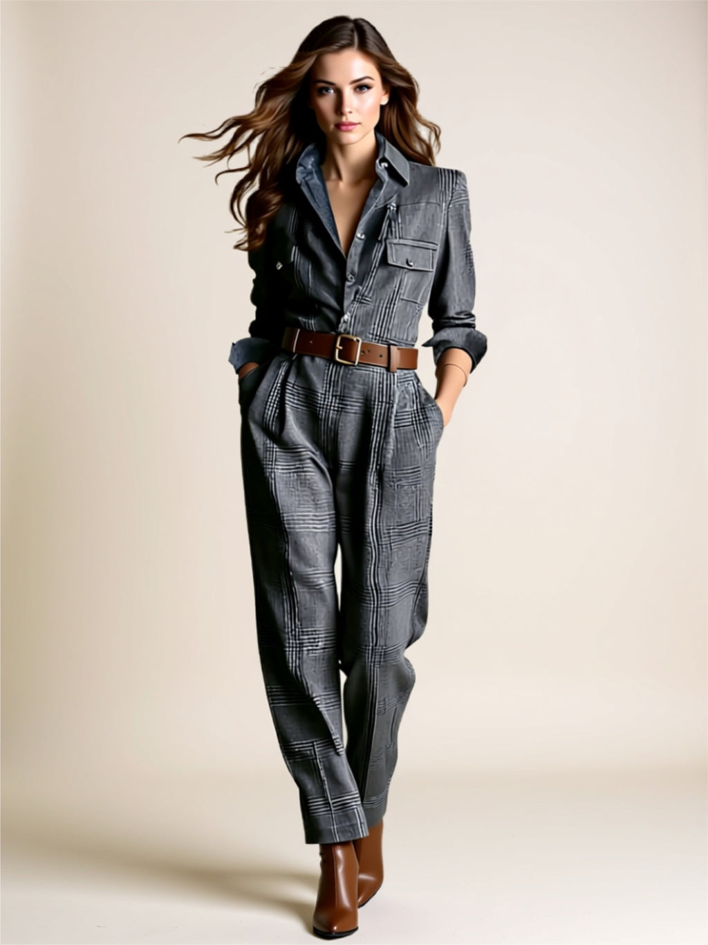 ailored Plaid Belted Jumpsuit
