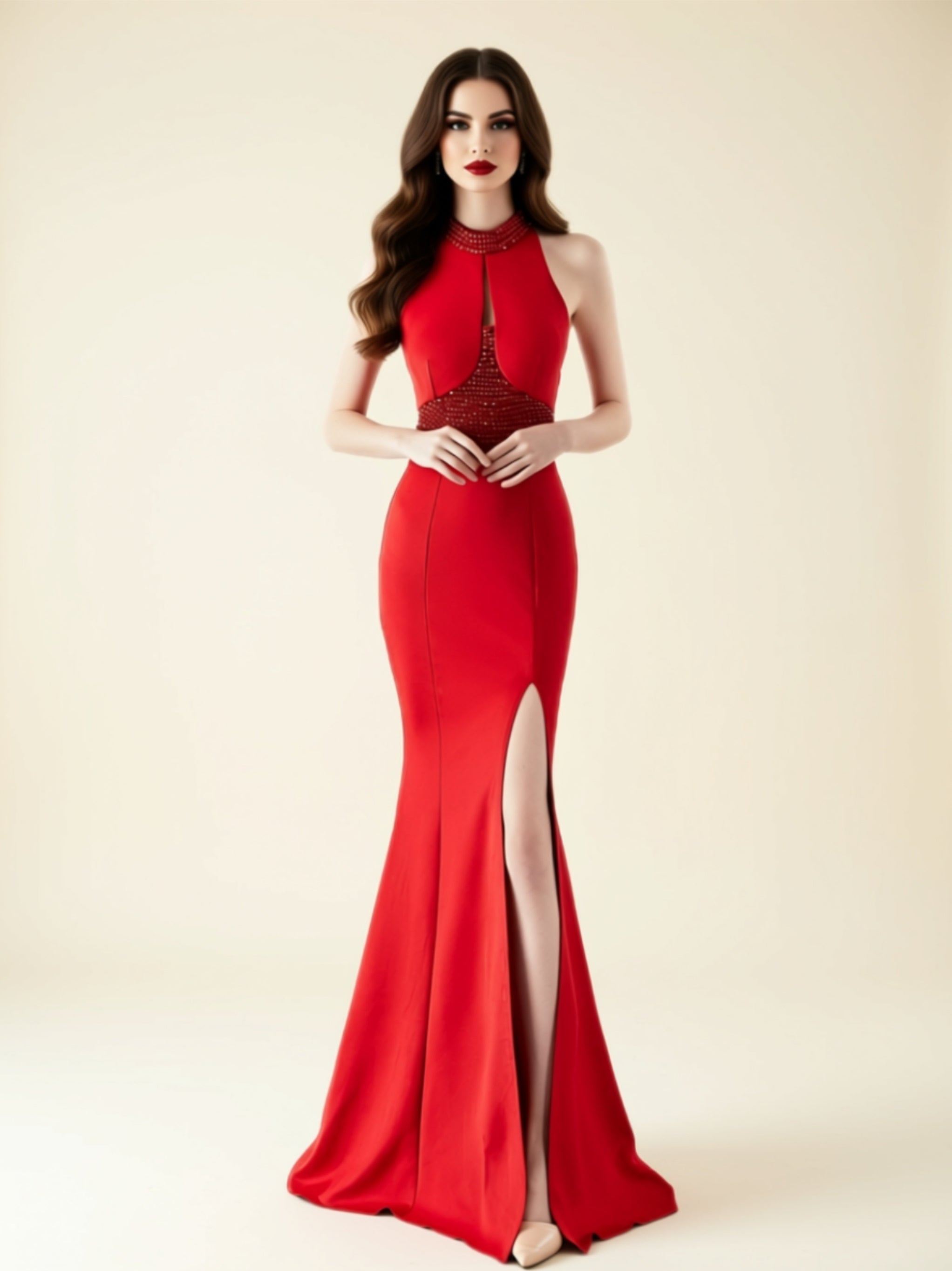 Halter Neck Lace Panel Mermaid Gown