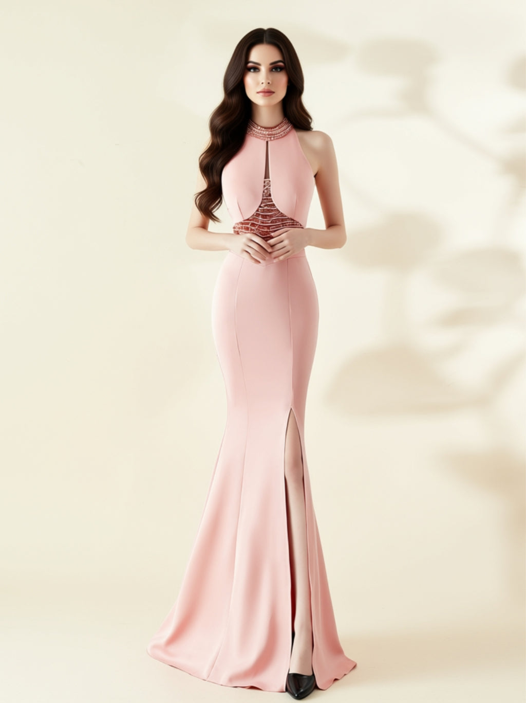 Halter Neck Lace Panel Mermaid Gown