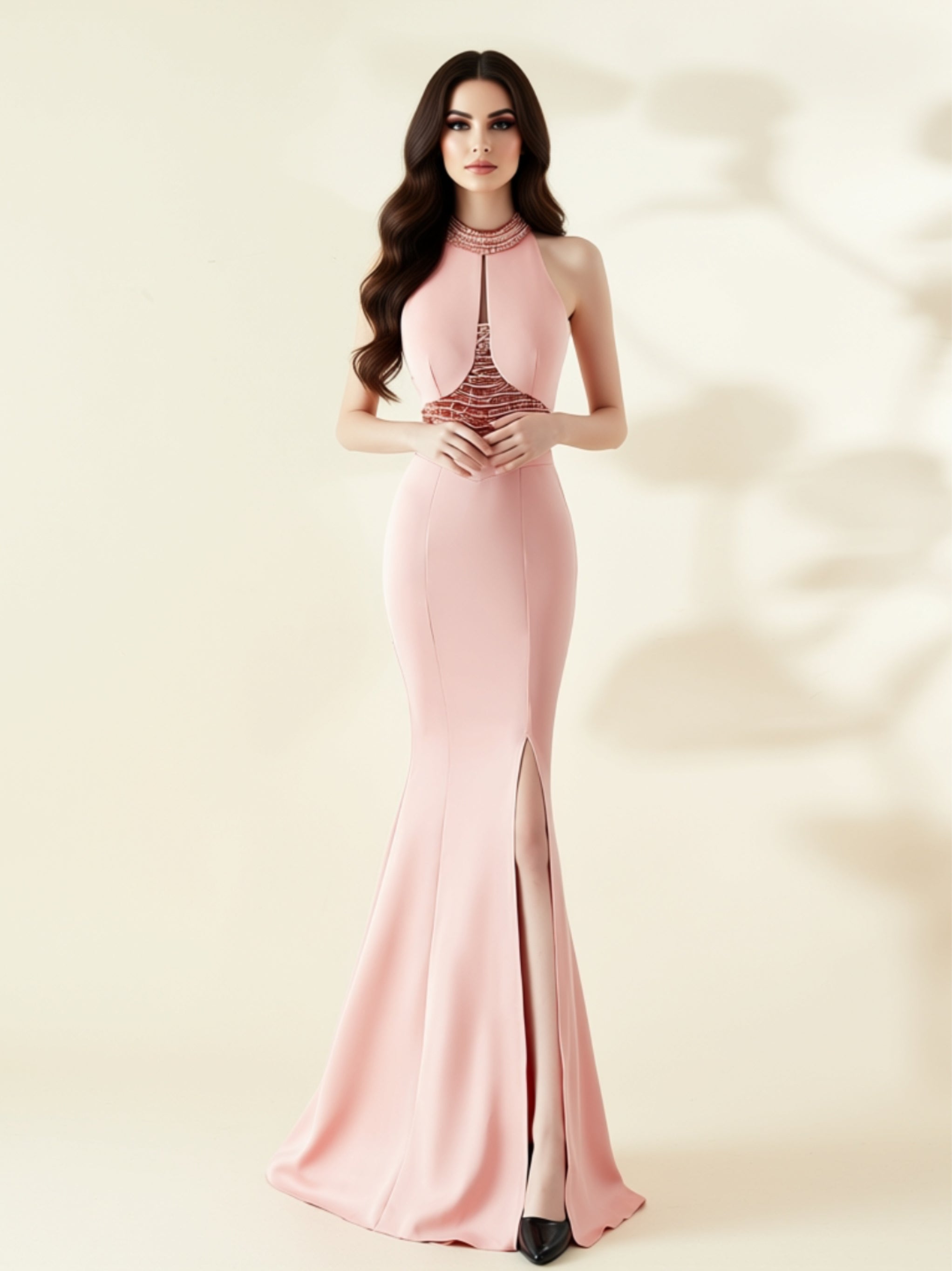 Halter Neck Lace Panel Mermaid Gown