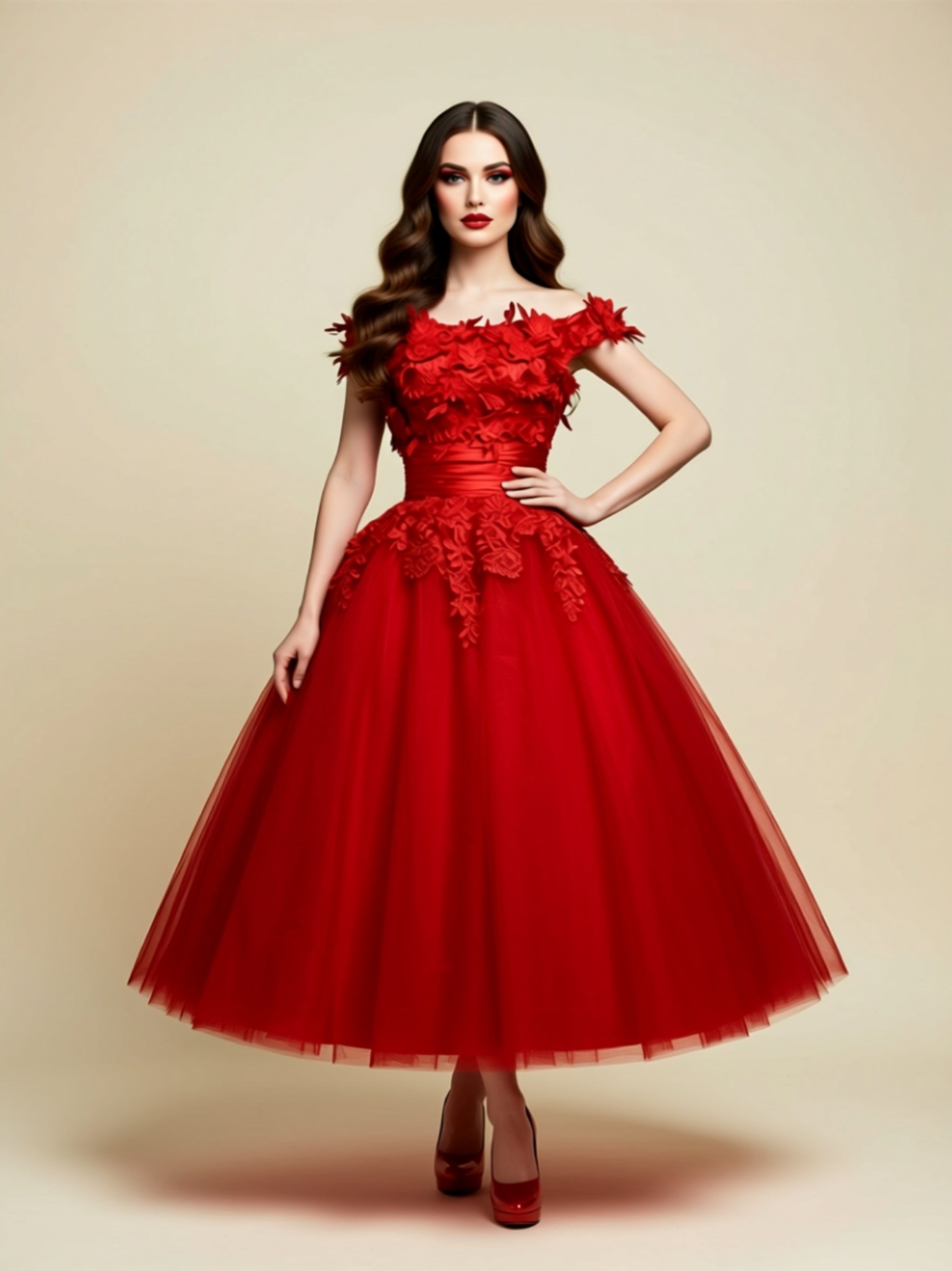 Strapless Lace Appliqué Tulle Tea‑Length Gown