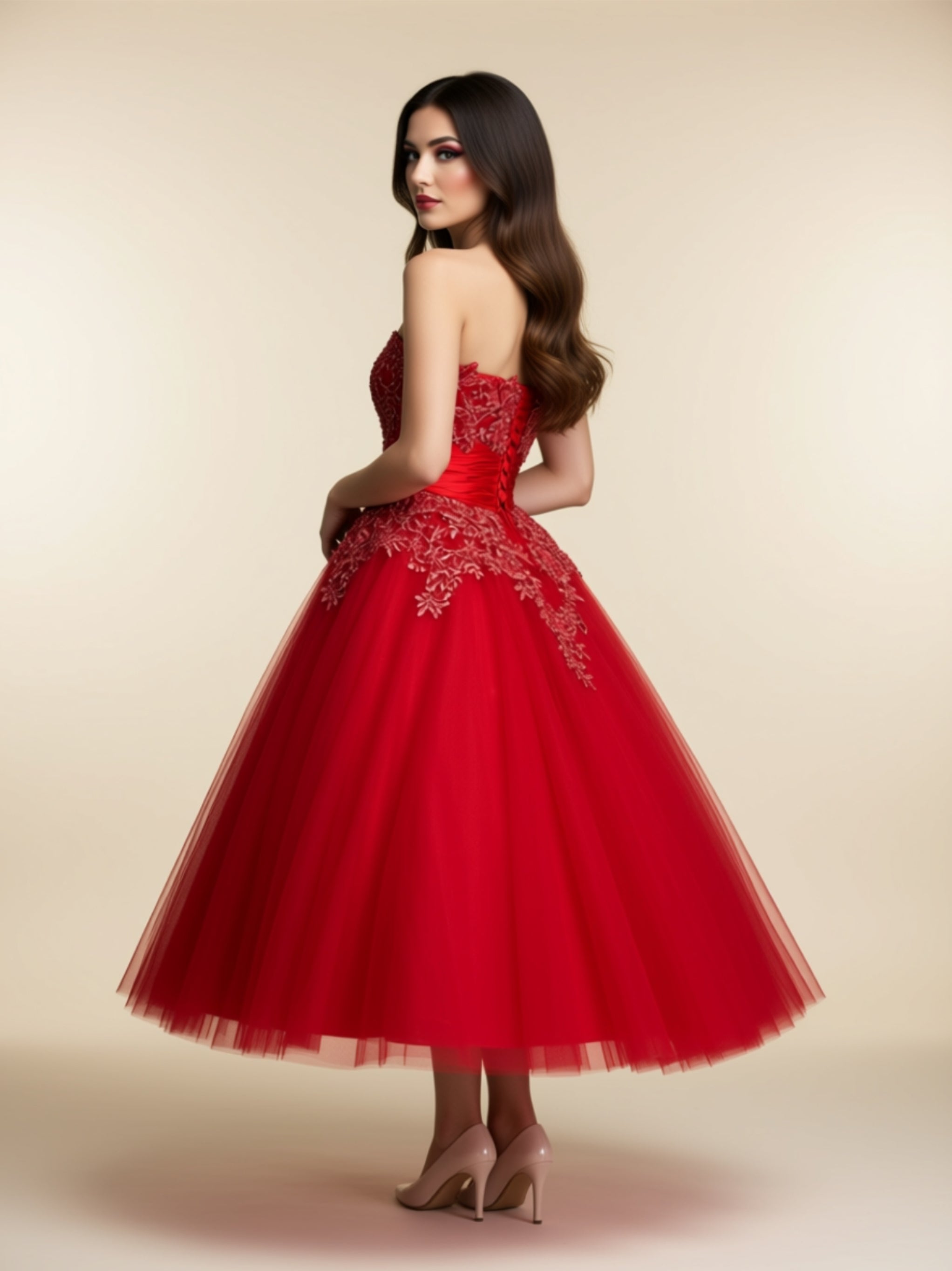 Strapless Lace Appliqué Tulle Tea‑Length Gown