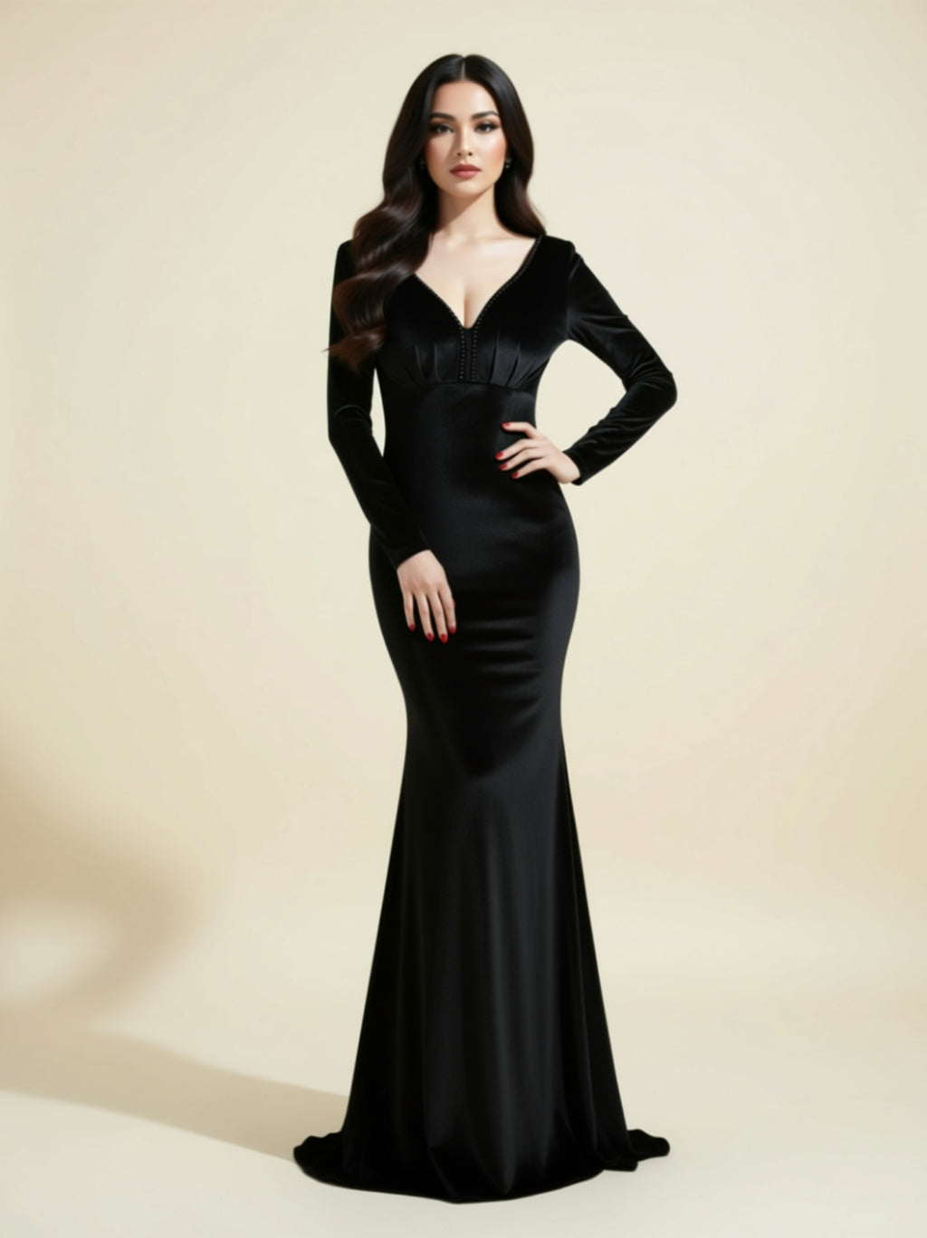 Long Sleeve Velvet V‑Neck Mermaid Gown