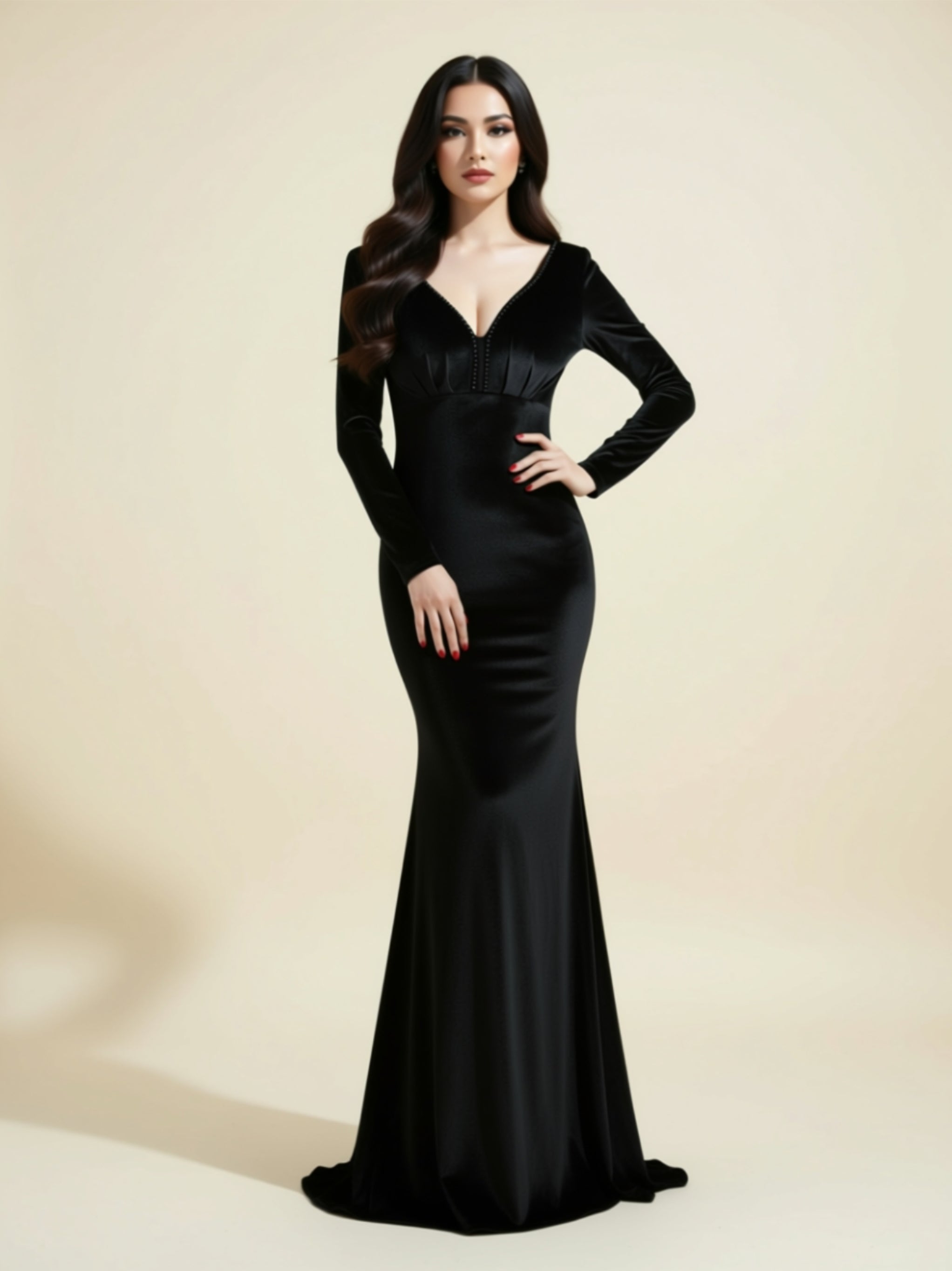 Long Sleeve Velvet V‑Neck Mermaid Gown