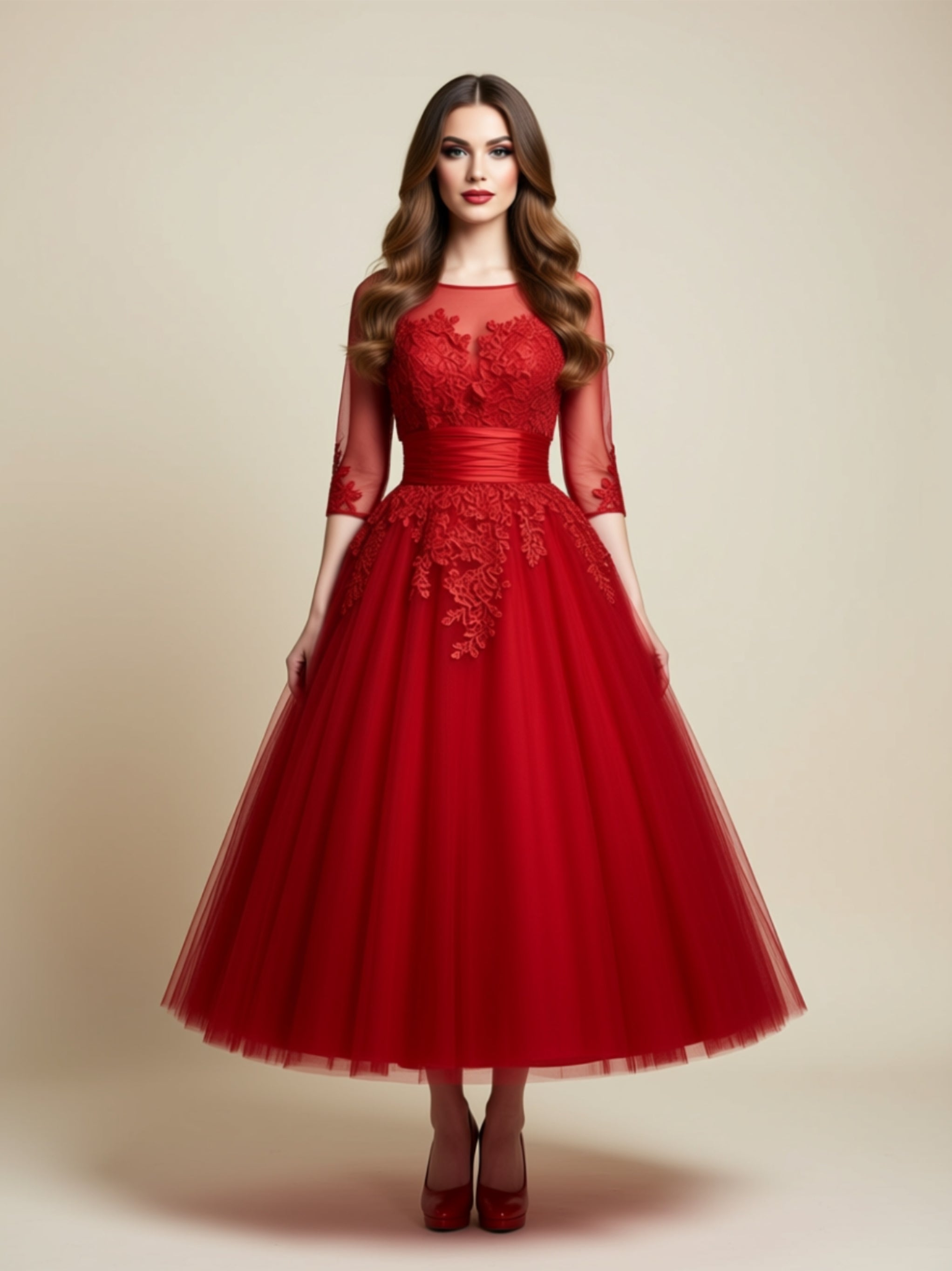 Strapless Lace Appliqué Tulle Tea‑Length Gown