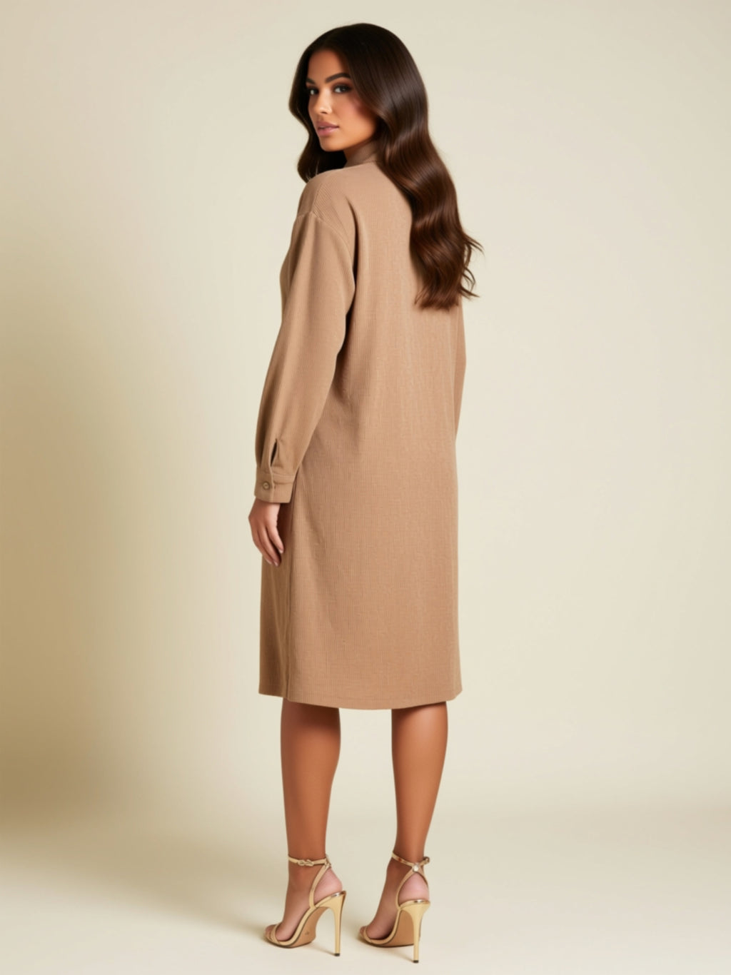 Camel Button‑Down Midi Shirt Dress with Pockets