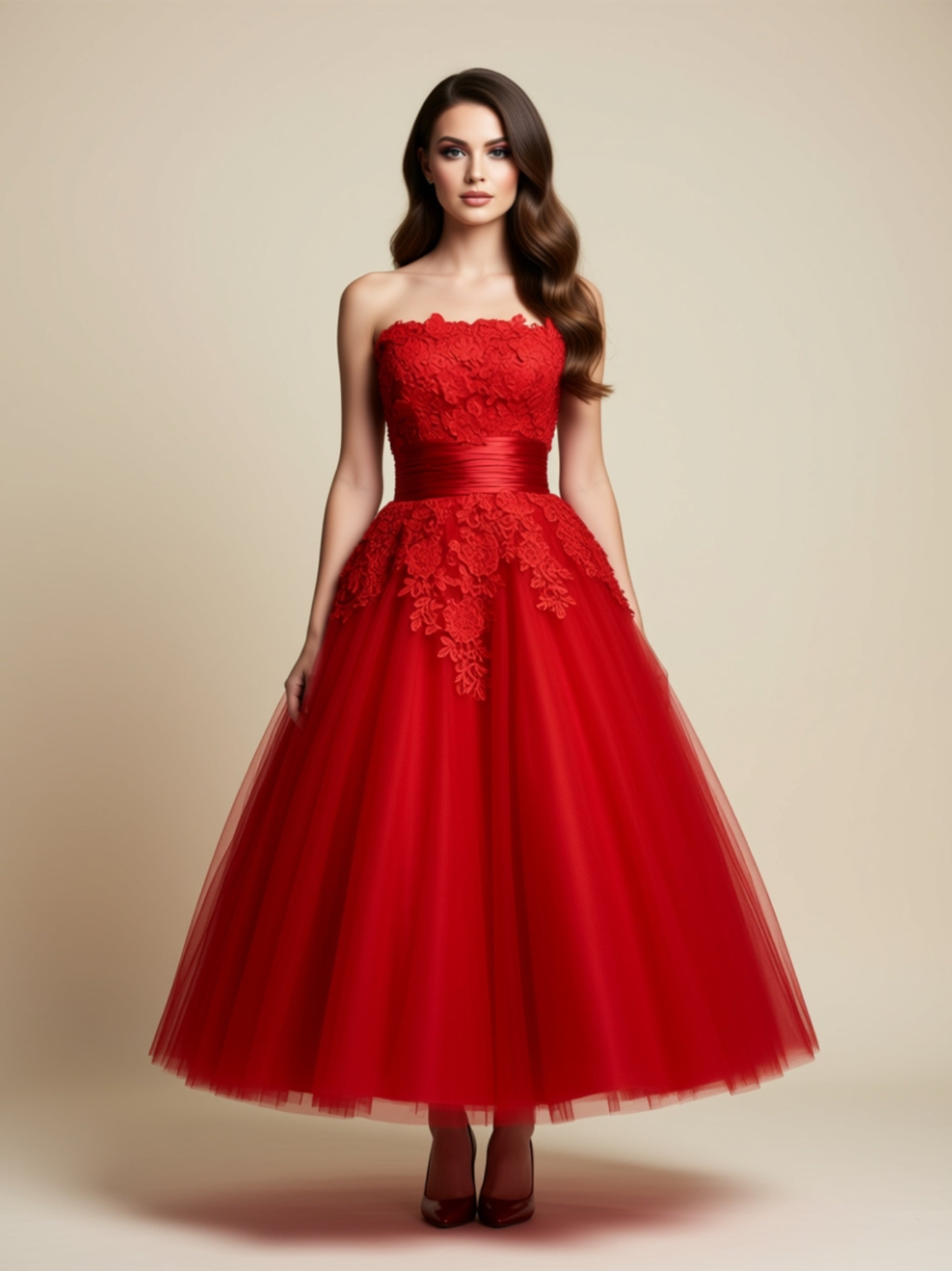 Strapless Lace Appliqué Tulle Tea‑Length Gown