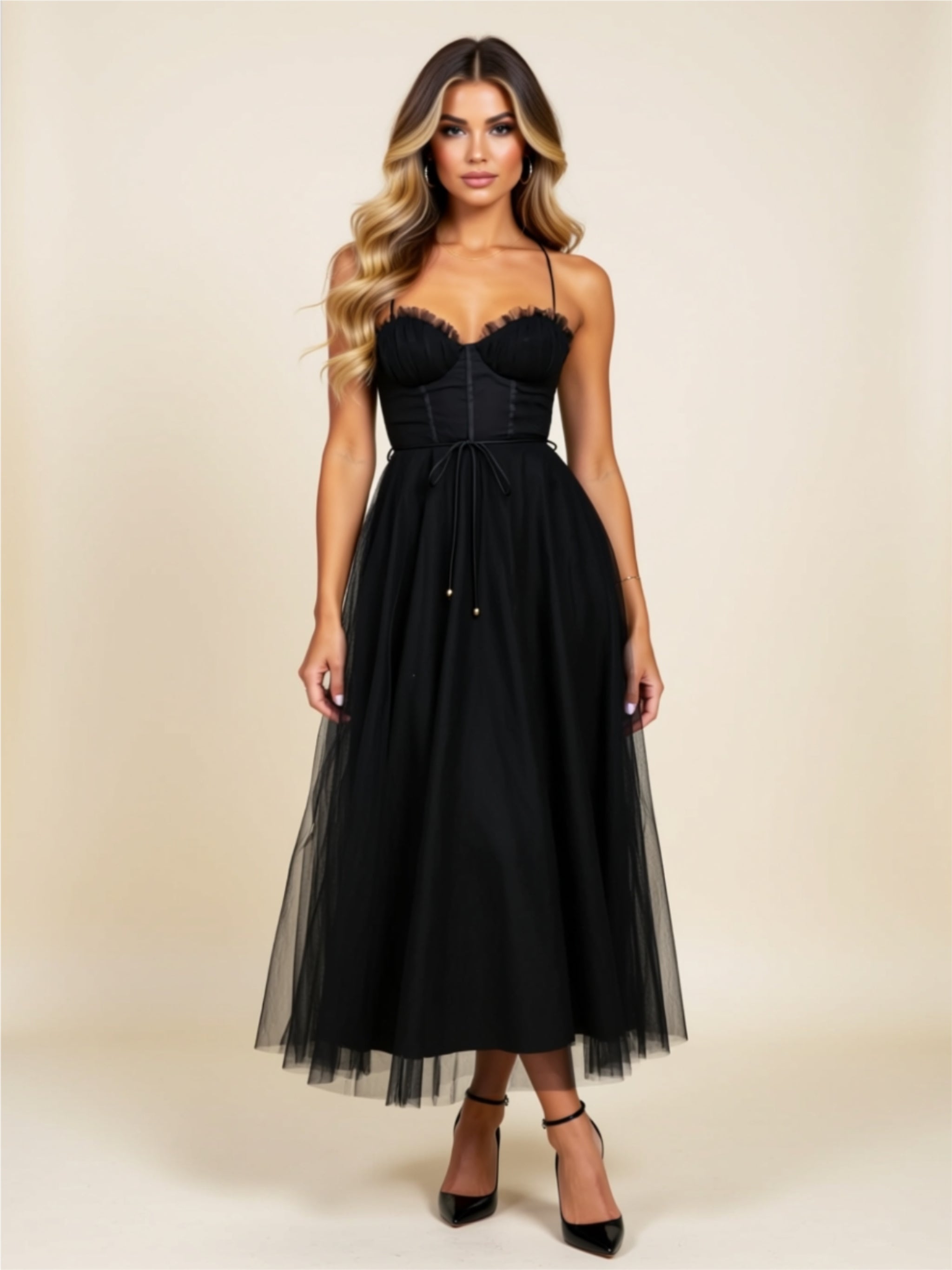 Romantic Mesh Corset Midi Dress with Crisscross Back & Tied Waist