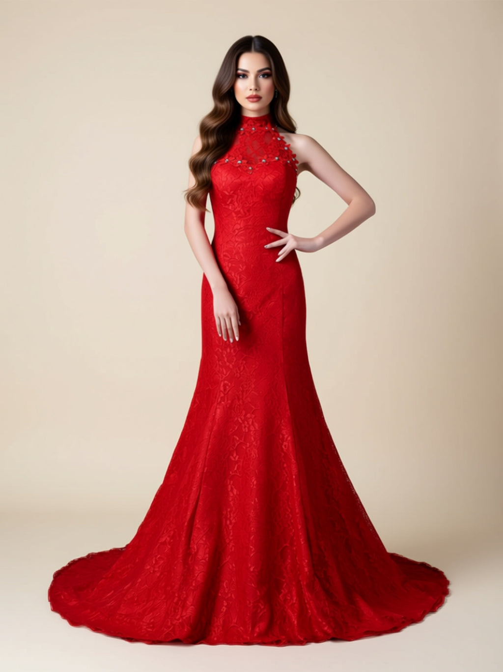 Elegant High‑Neck Lace Mermaid Evening Gown with Embellished Illusion Neckline