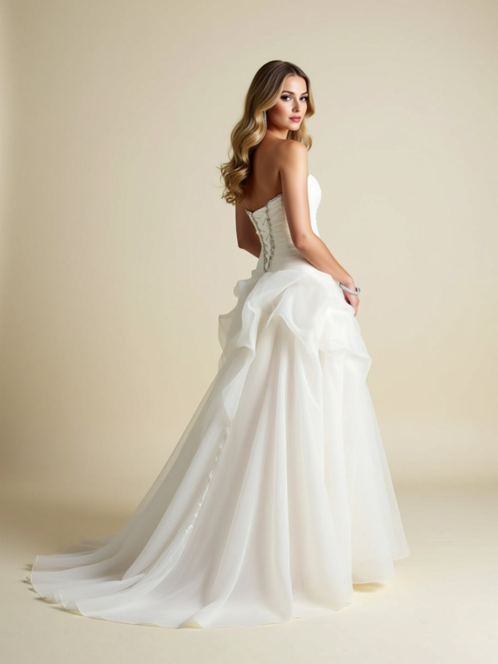 Elegant Ruffled Organza‑Style Train Bridal Gown with Fitted Bodice