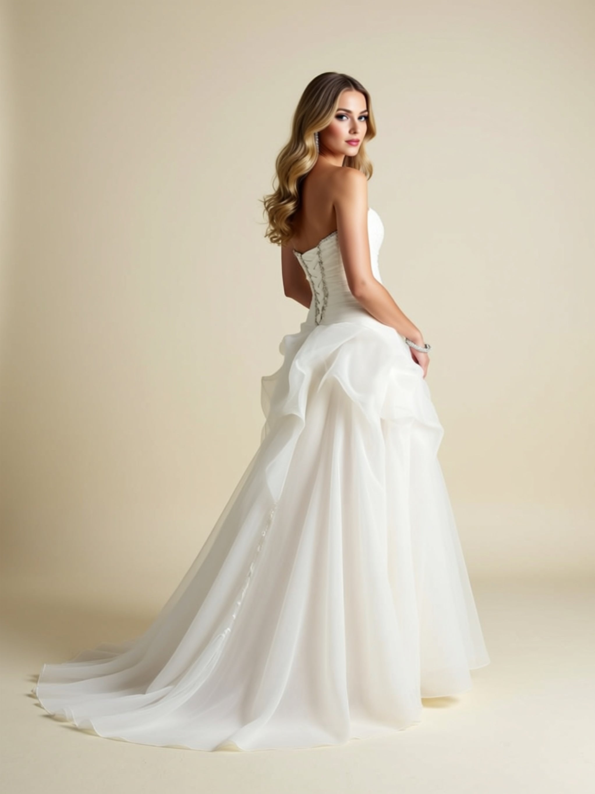 Elegant Ruffled Organza‑Style Train Bridal Gown with Fitted Bodice