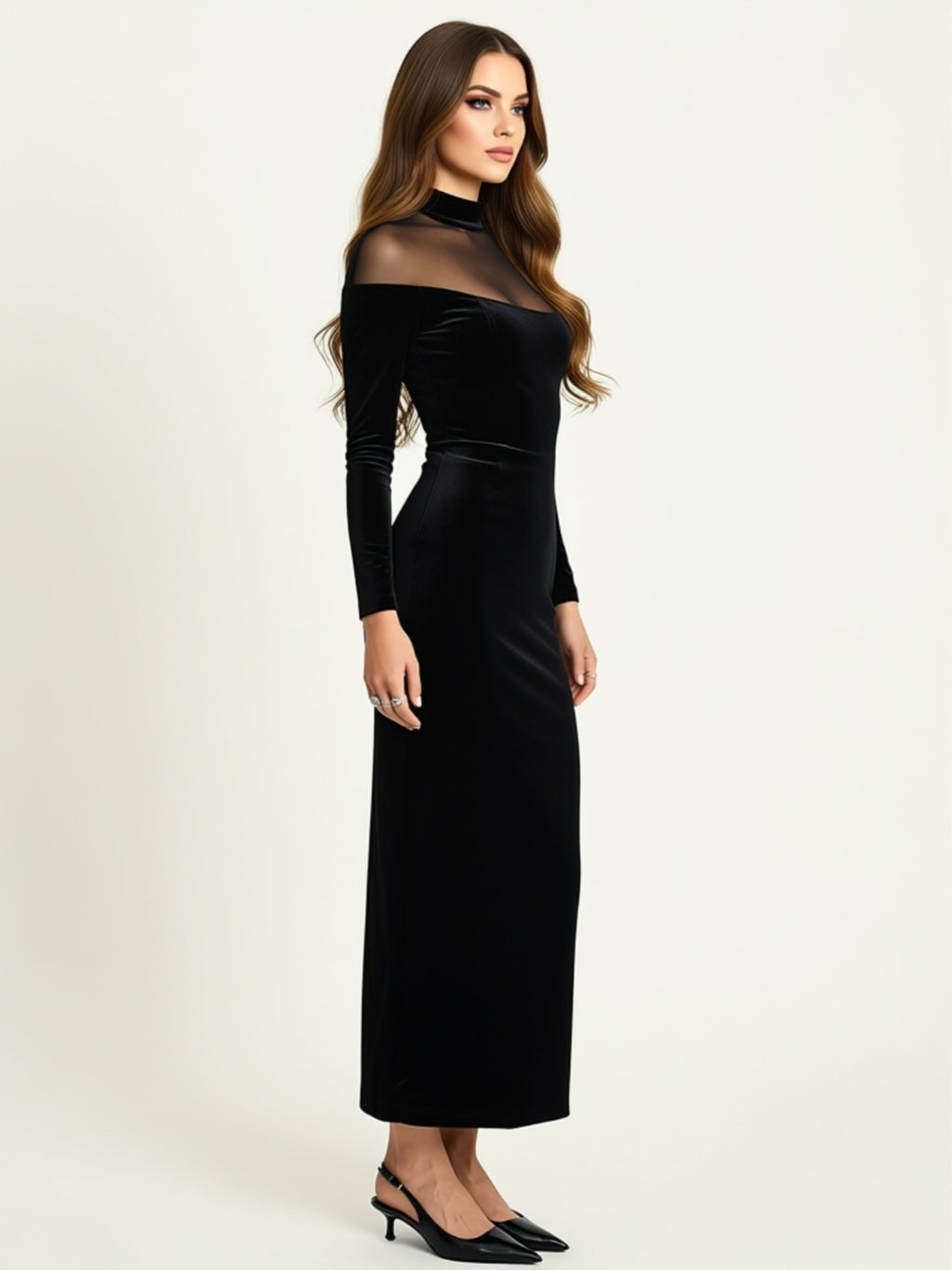 Black Velvet Mesh Panel Long Sleeve High Waist Maxi Dress