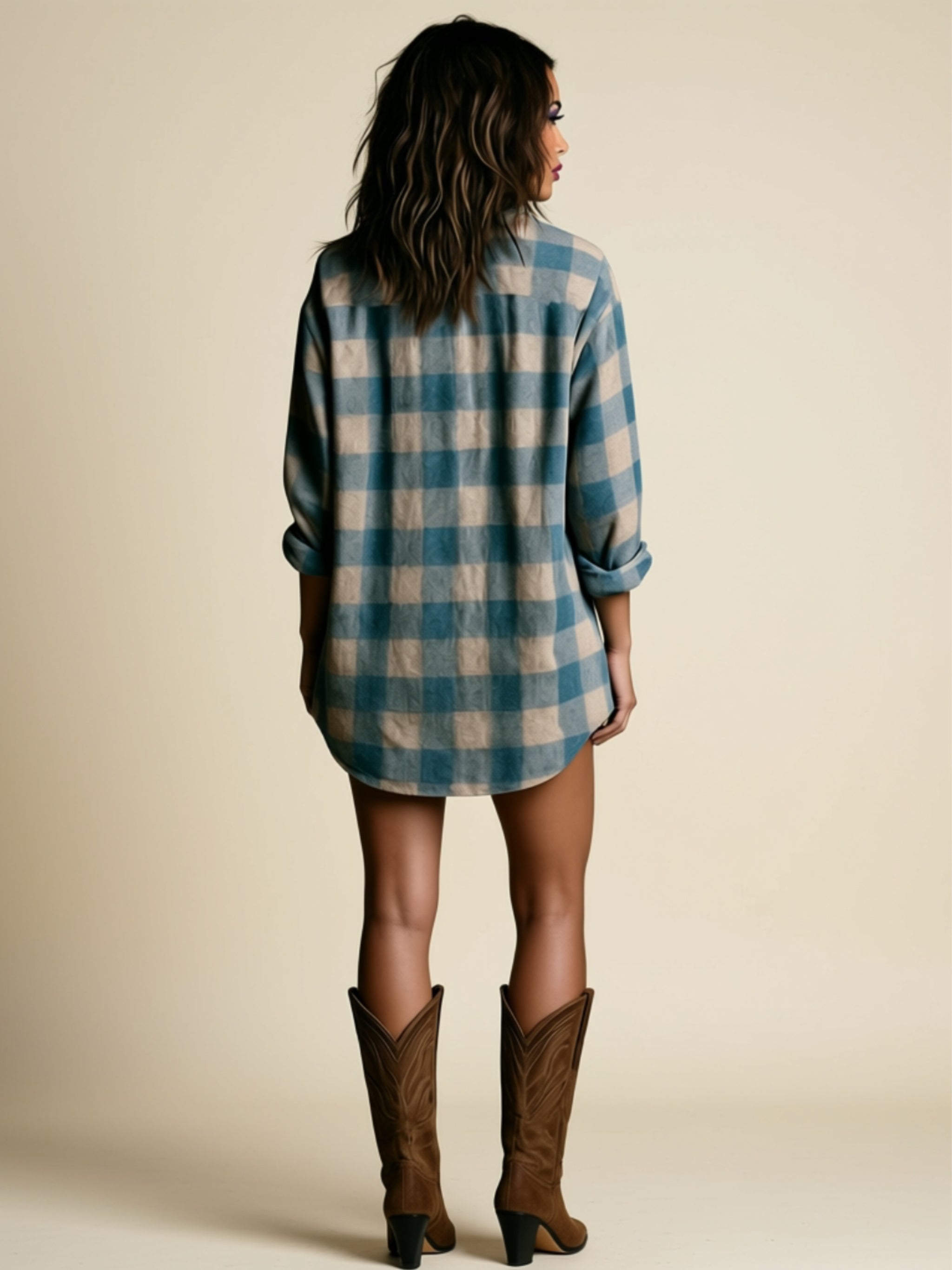 Blue & White Plaid Long Sleeve Shirt Dress