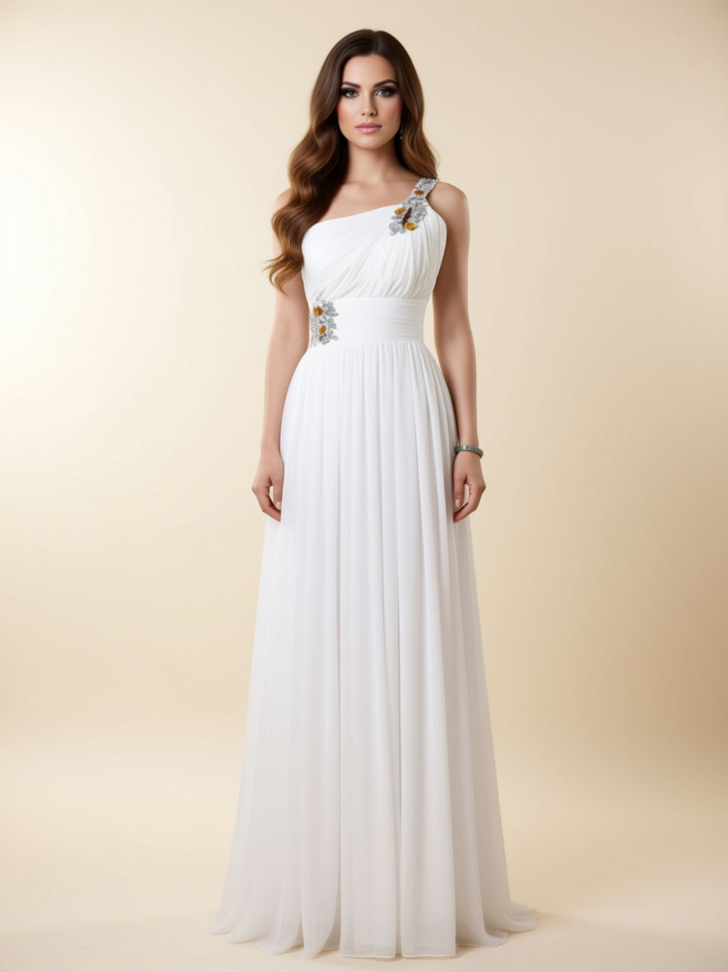One‑Shoulder Embellished Chiffon Evening Gown