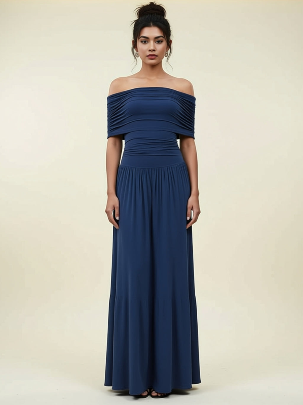 Off‑Shoulder Ruched Maxi Dress