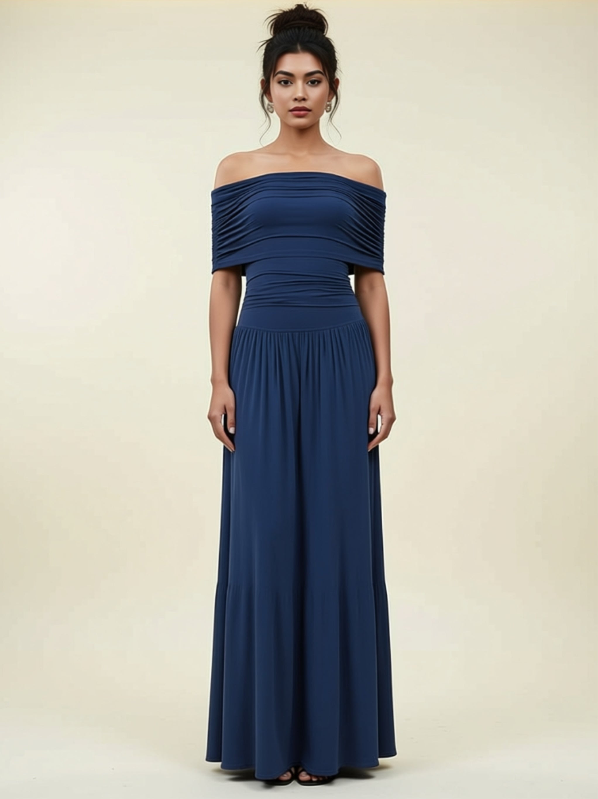 Off‑Shoulder Ruched Maxi Dress