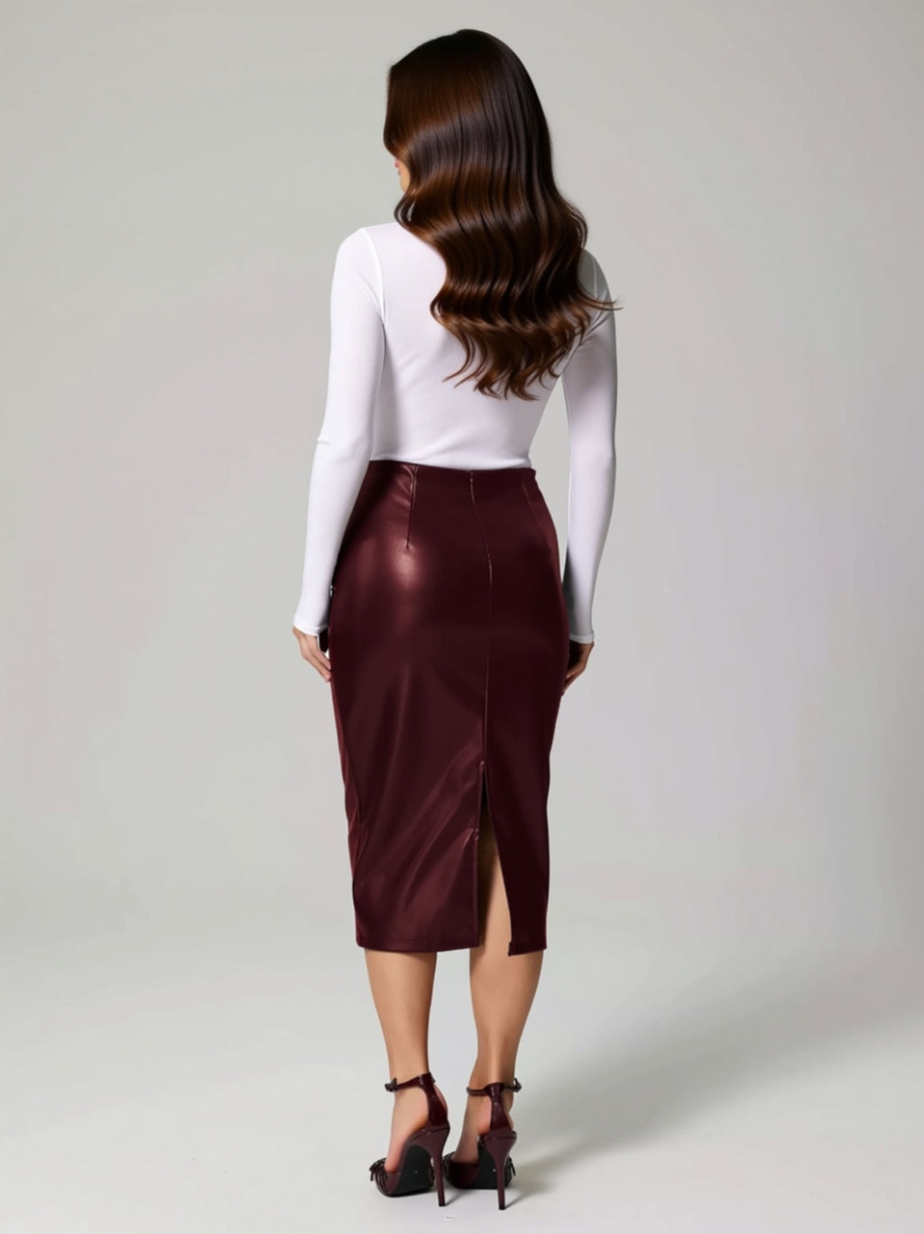 High‑Waist Faux Leather Midi Pencil Skirt with Side Ruching & Back Slit