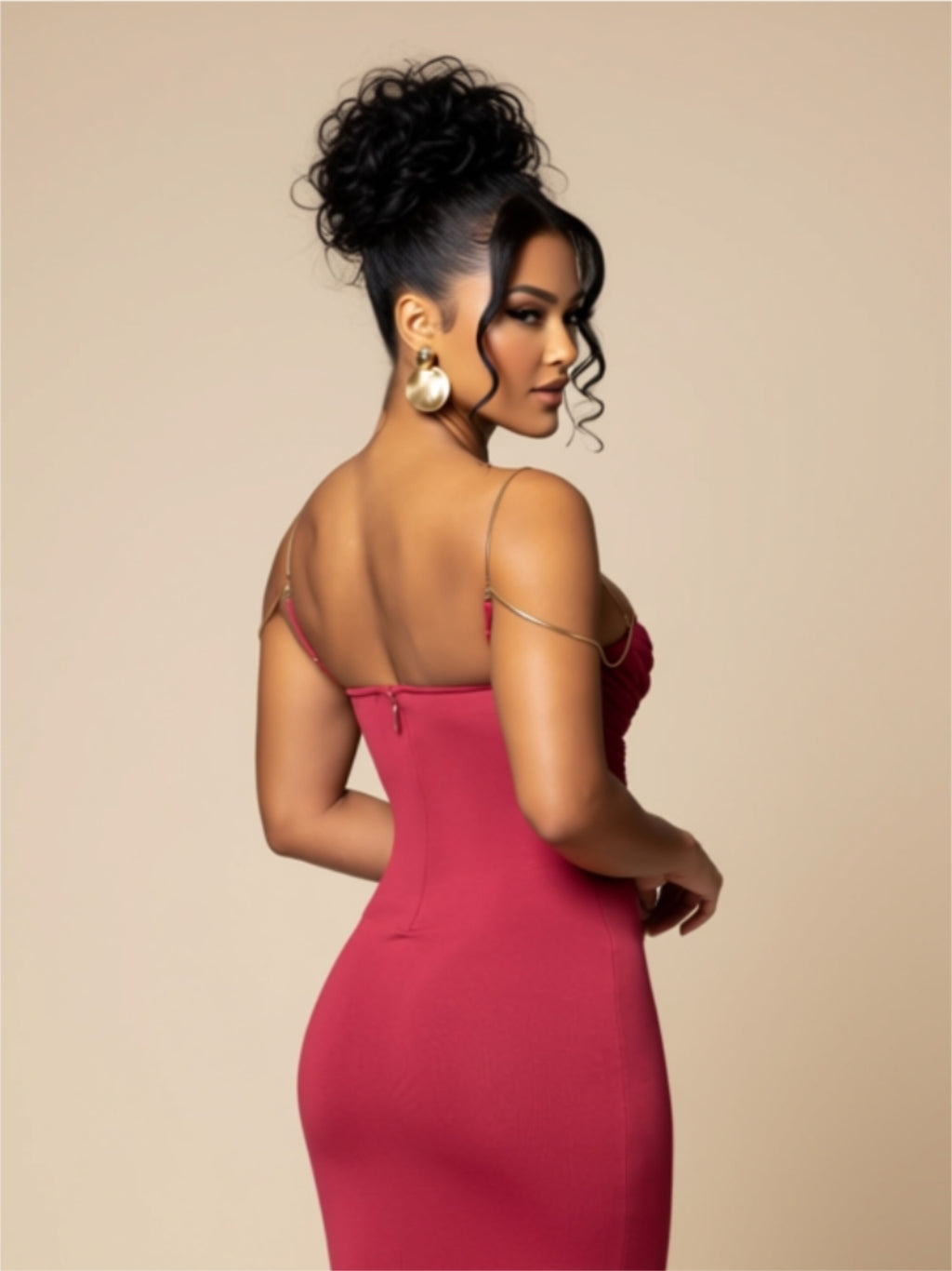 Dark Pink High Waist Ruched Bust Midi Dress